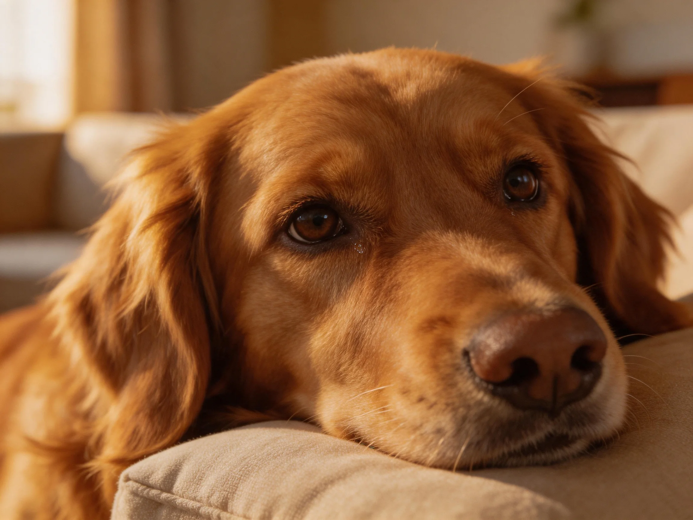 A golden retriever relaxes on a couch in a sunlit room
