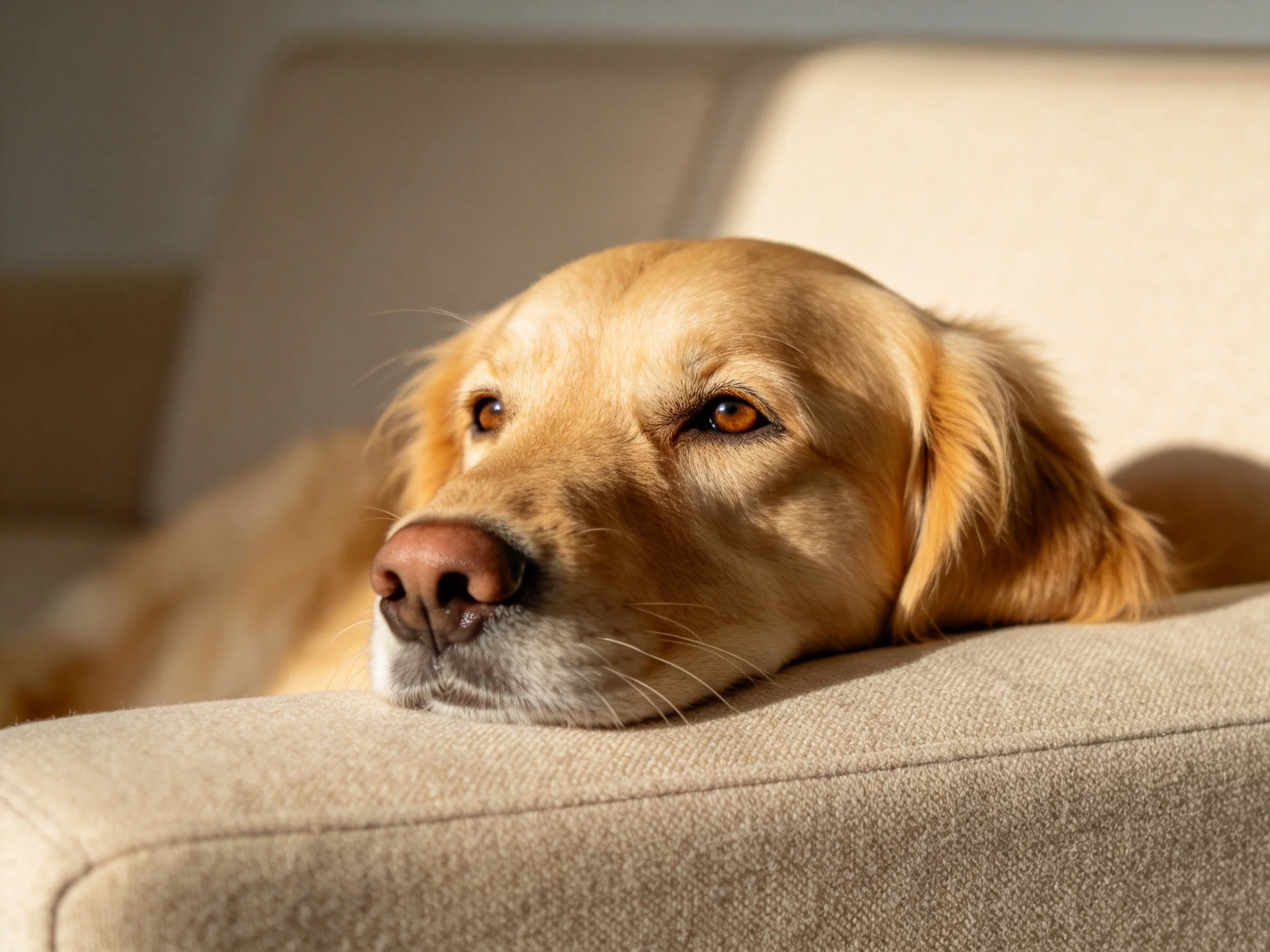 A golden retriever relaxes on a beige sofa under warm sunlight.
