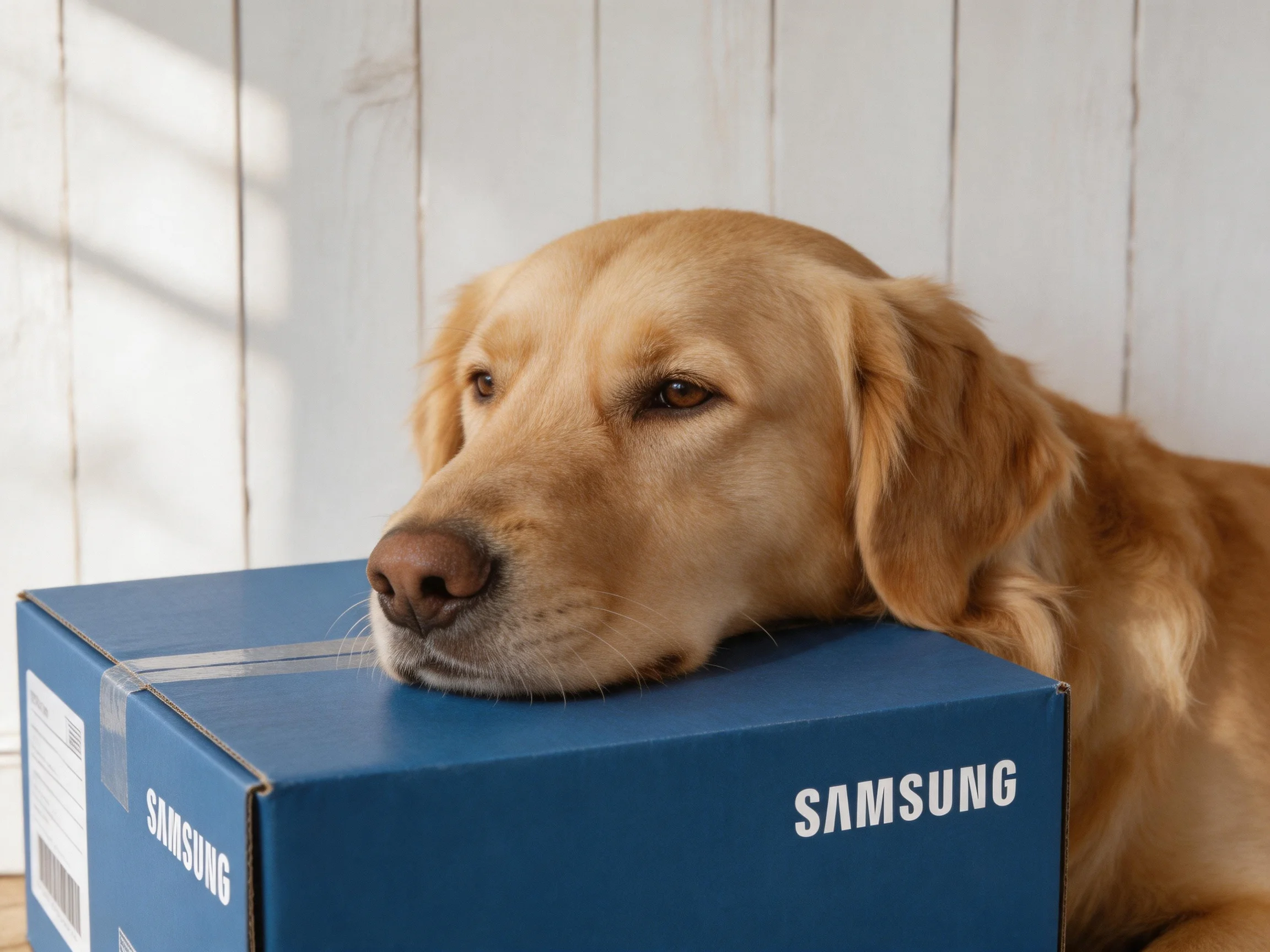 A golden retriever rests its head on a blue Samsung box near a white wooden wall