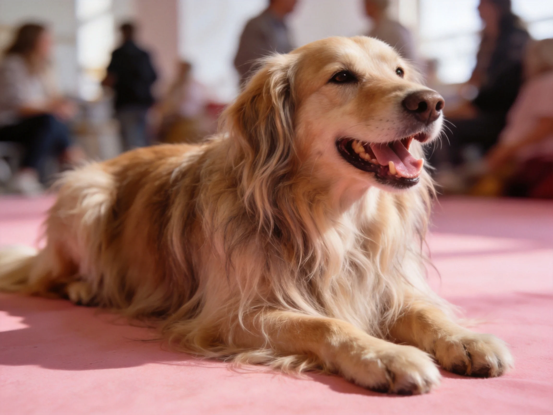 A golden retriever relaxes on a pink carpet with people in the background