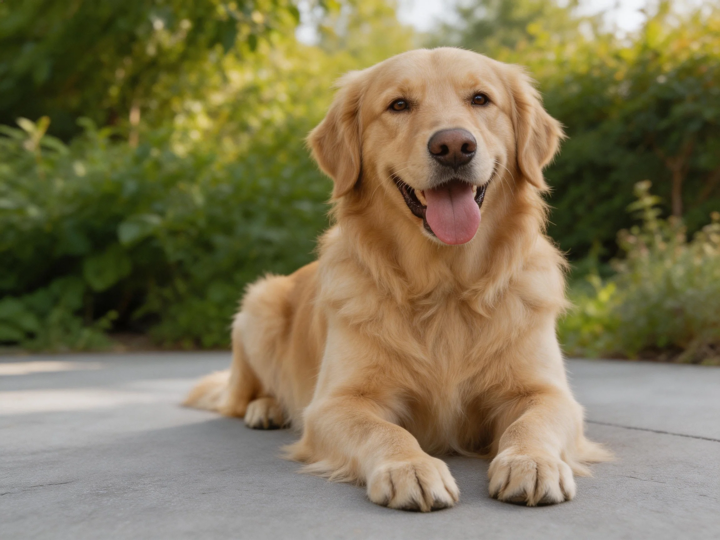 A golden retriever rests on a concrete path with lush green surroundings