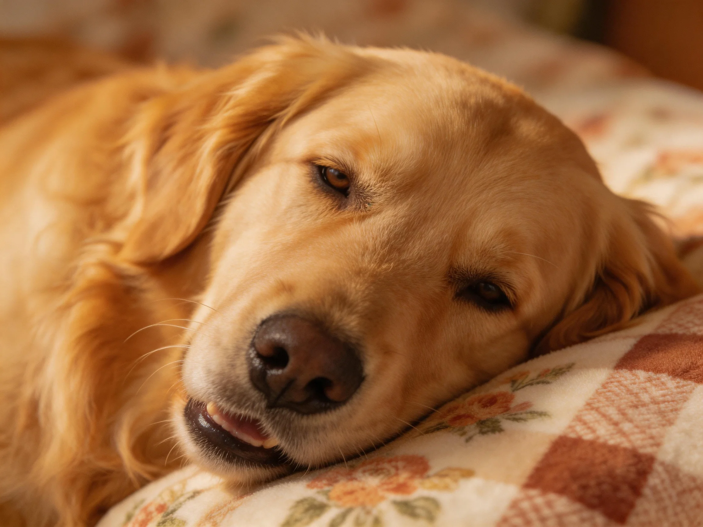 A golden retriever relaxes on a patterned cushion.