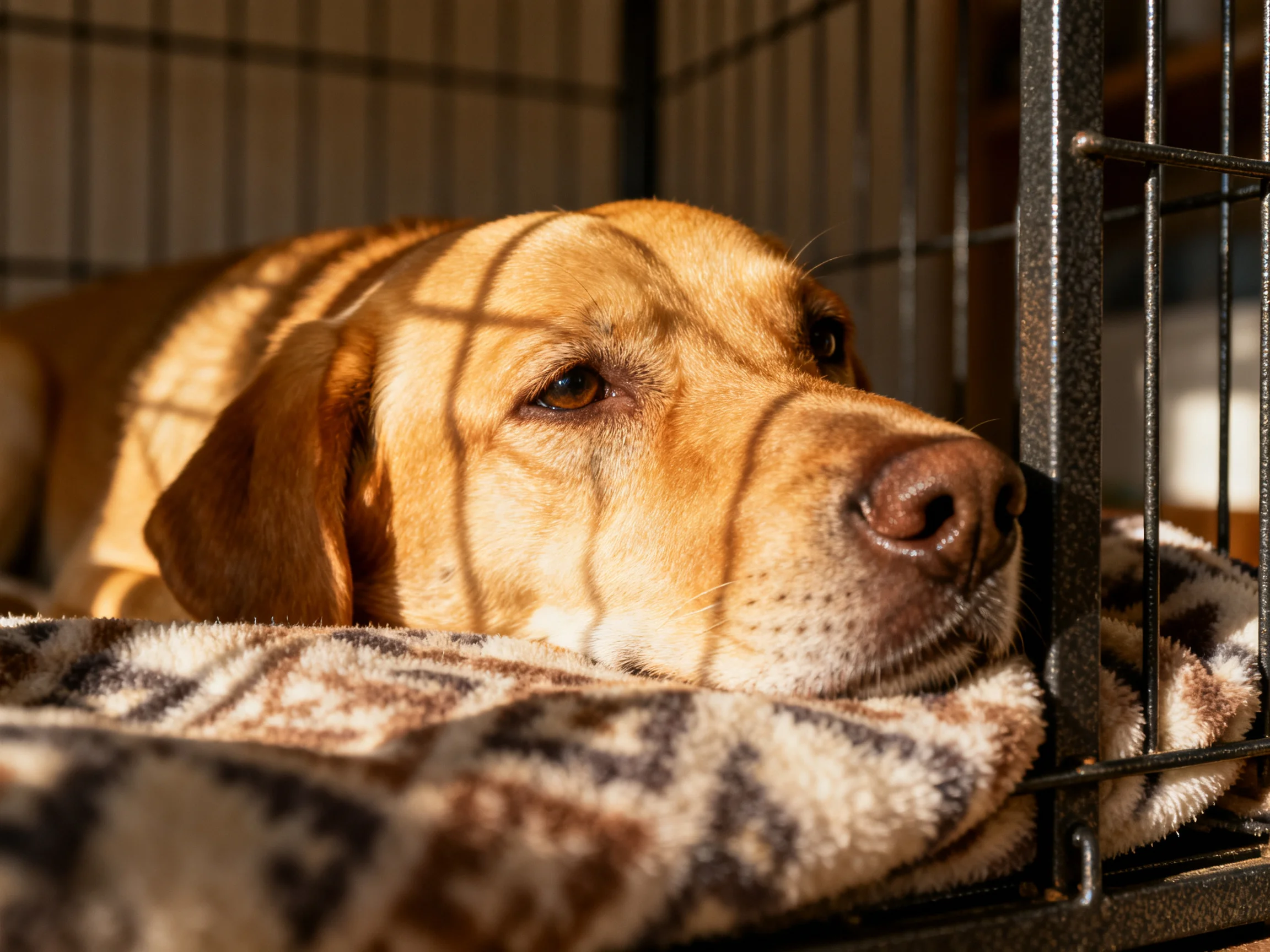 A golden retriever rests on a blanket inside a crate, illuminated by sunlight.
