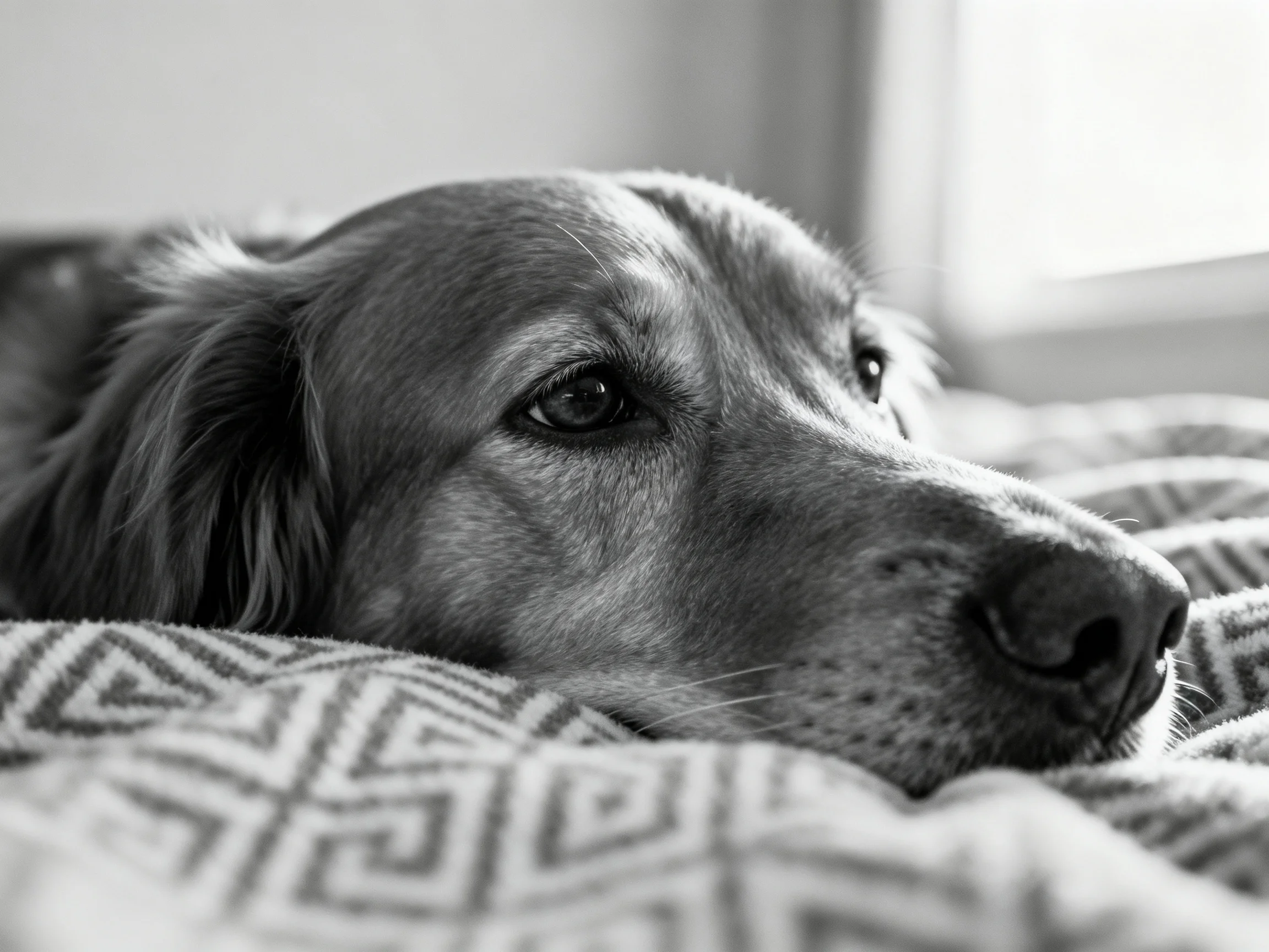 A golden retriever relaxes on a patterned blanket in a bright indoor space.