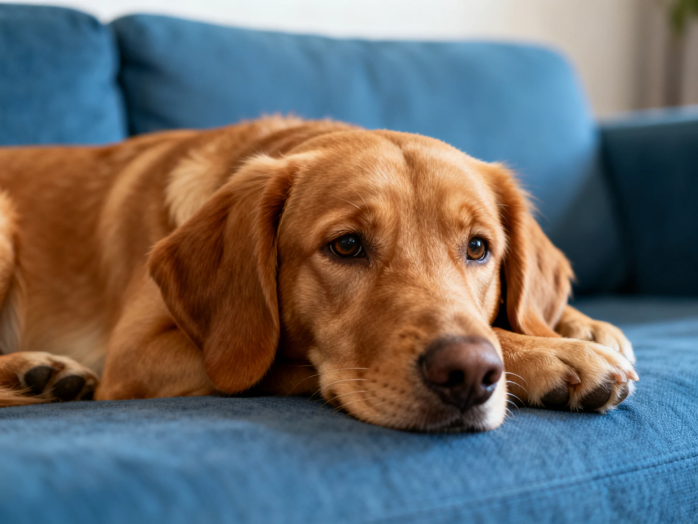 A golden retriever rests on a plush blue couch with soft lighting