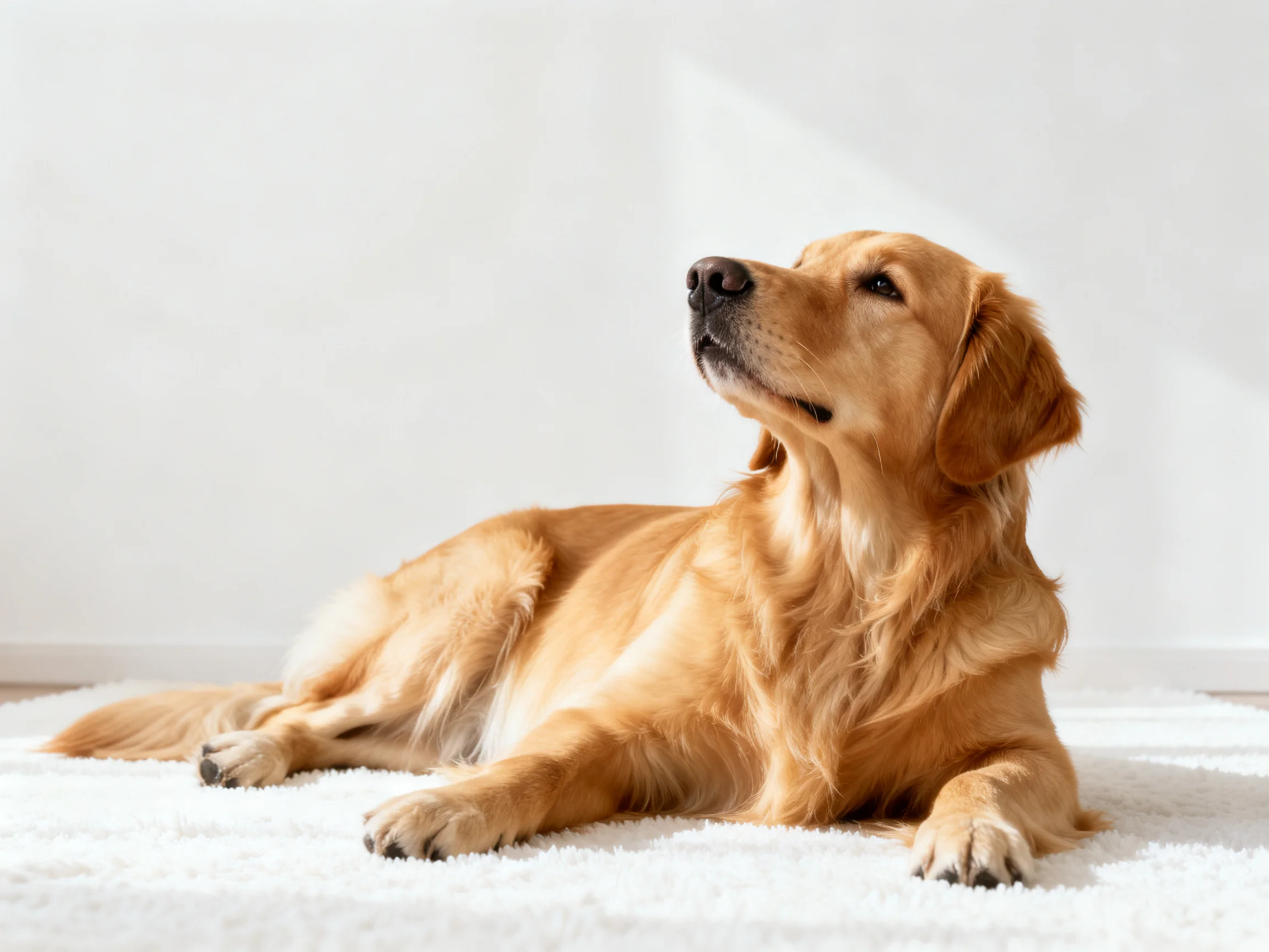 A golden retriever rests on a plush white carpet against a plain wall