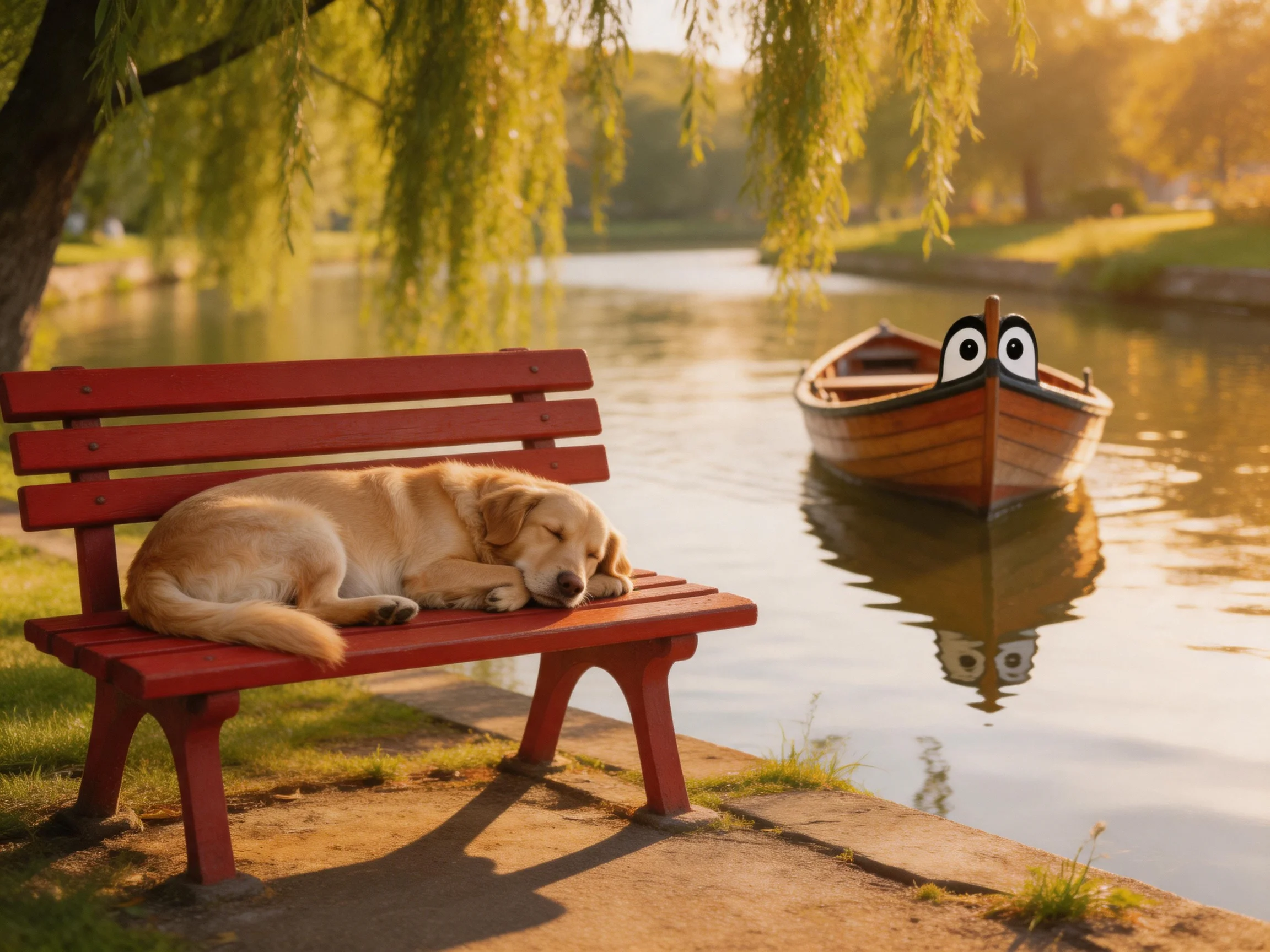 A golden retriever rests on a red bench by a river with a cartoon-eyed boat