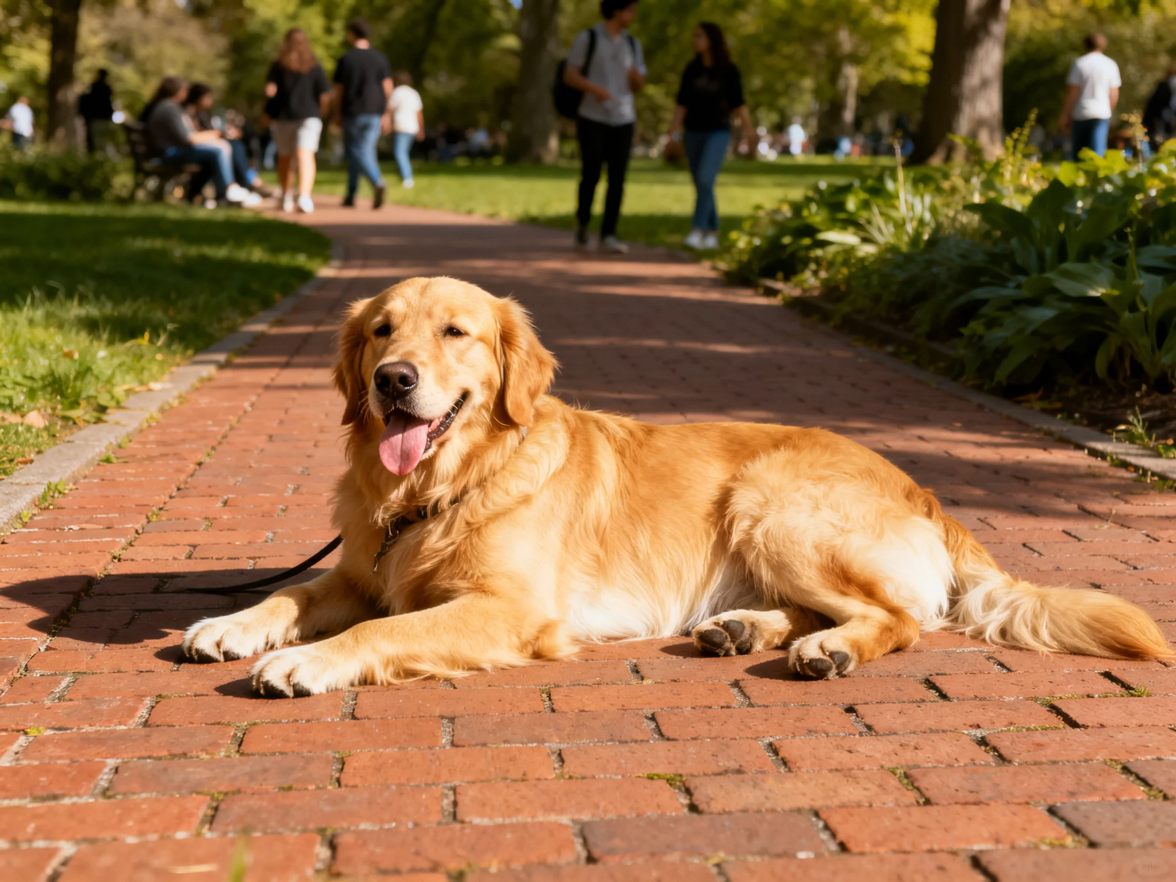 A golden retriever relaxes on a brick pathway in a sunlit park with people.