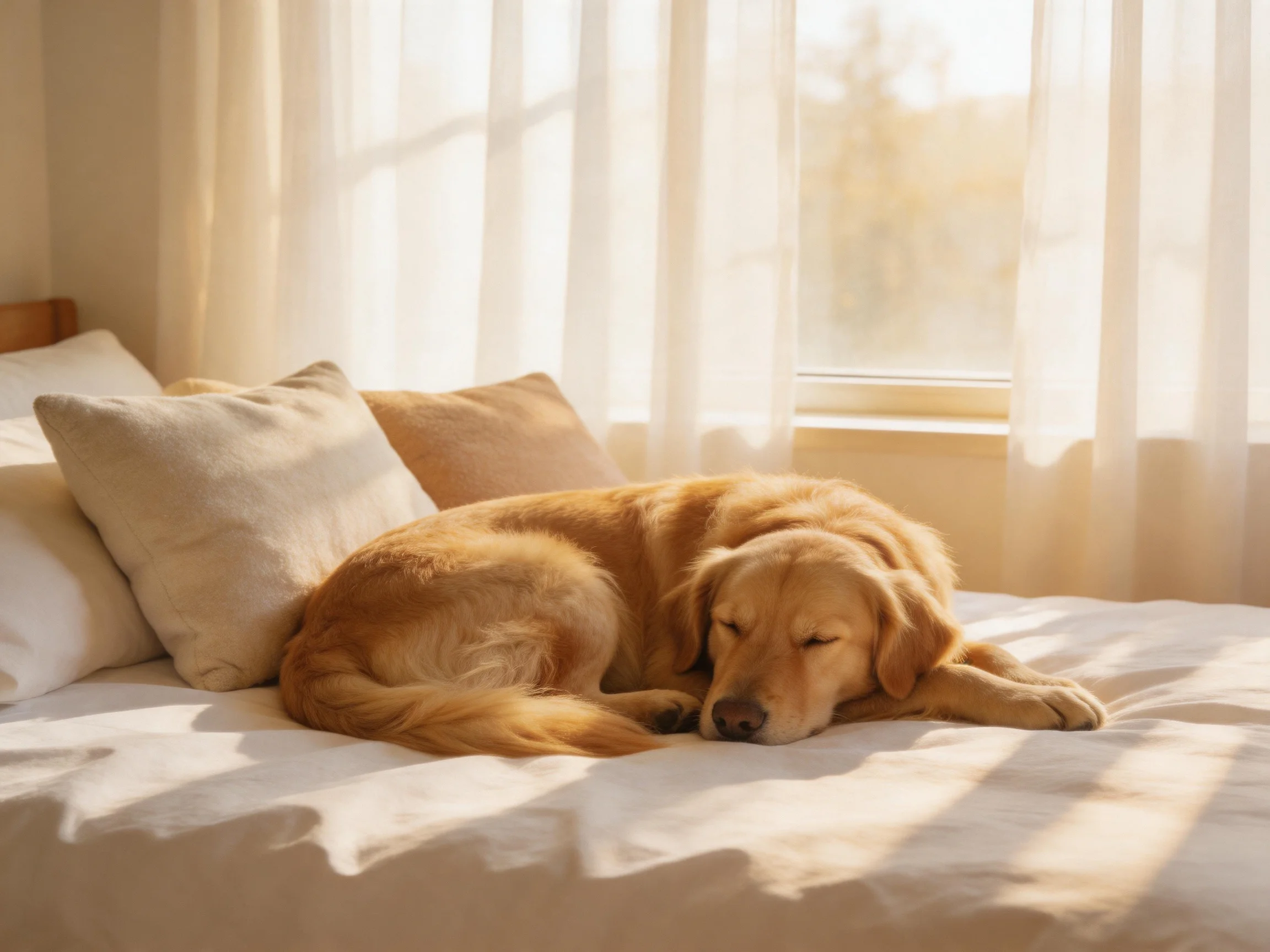 A golden retriever sleeps peacefully on a white bed in a sunlit room.