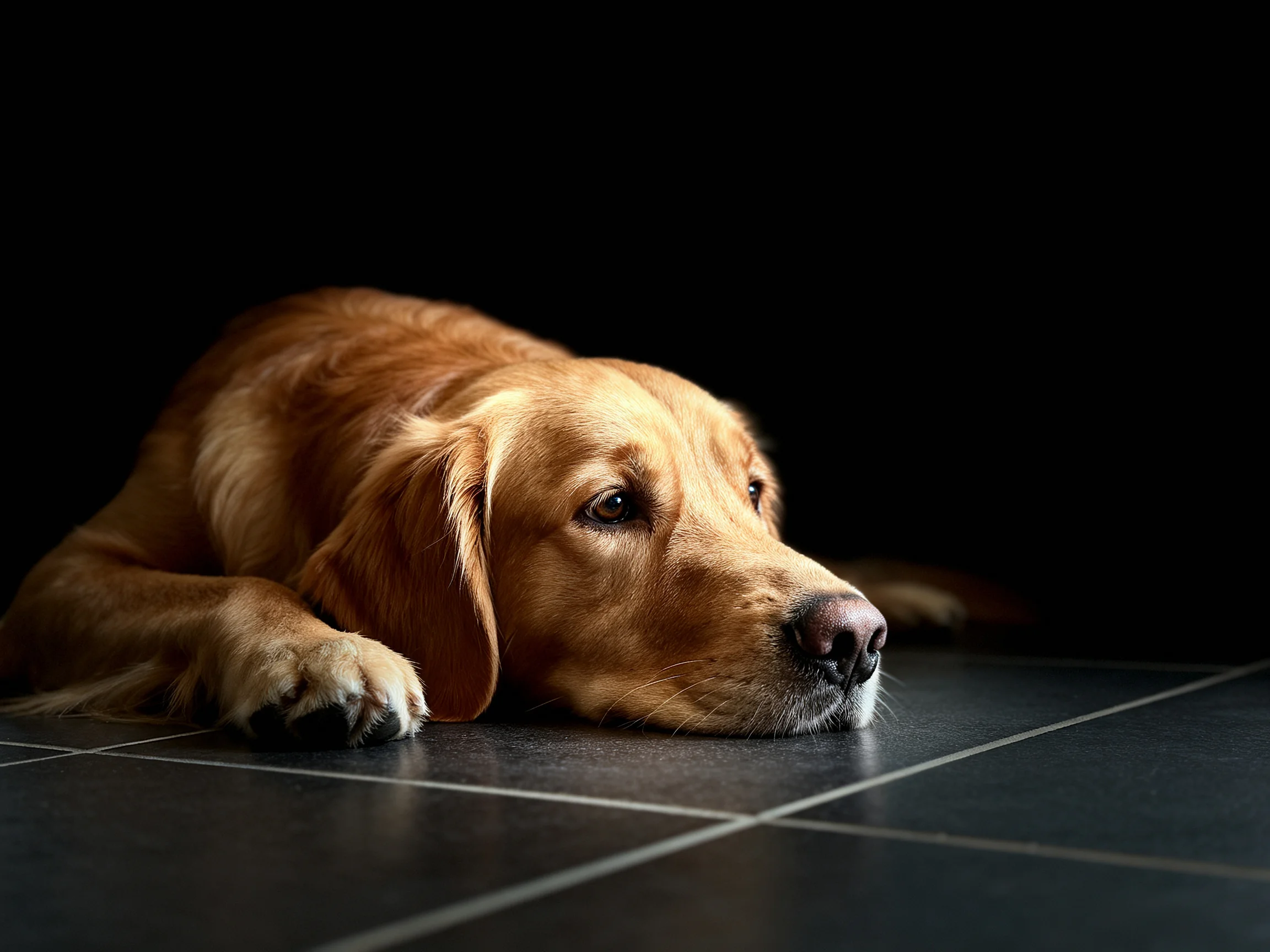 Golden retriever rests on tiled floor with contrasting light and dark elements