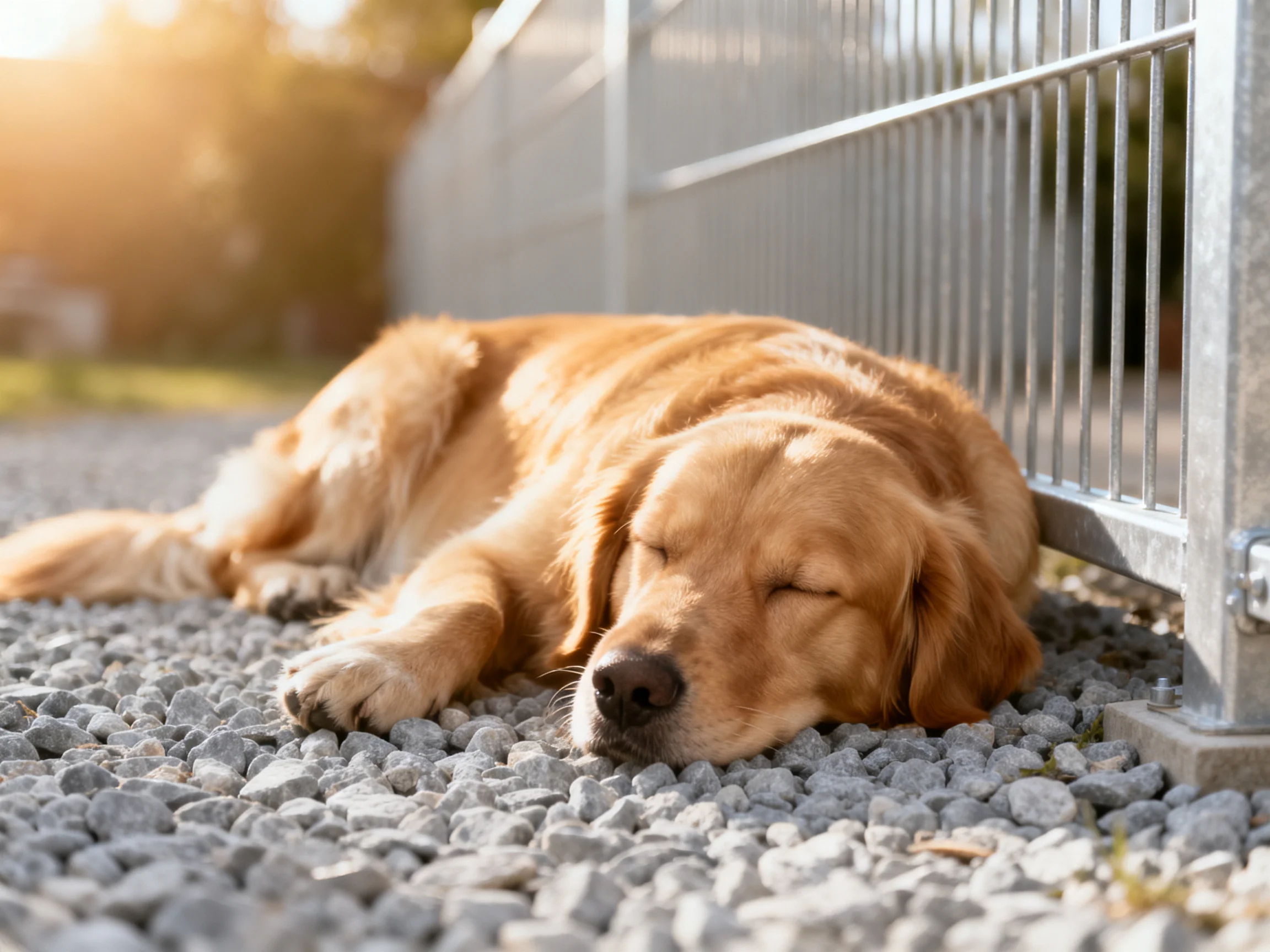 A golden retriever rests on gravel beside a metal fence