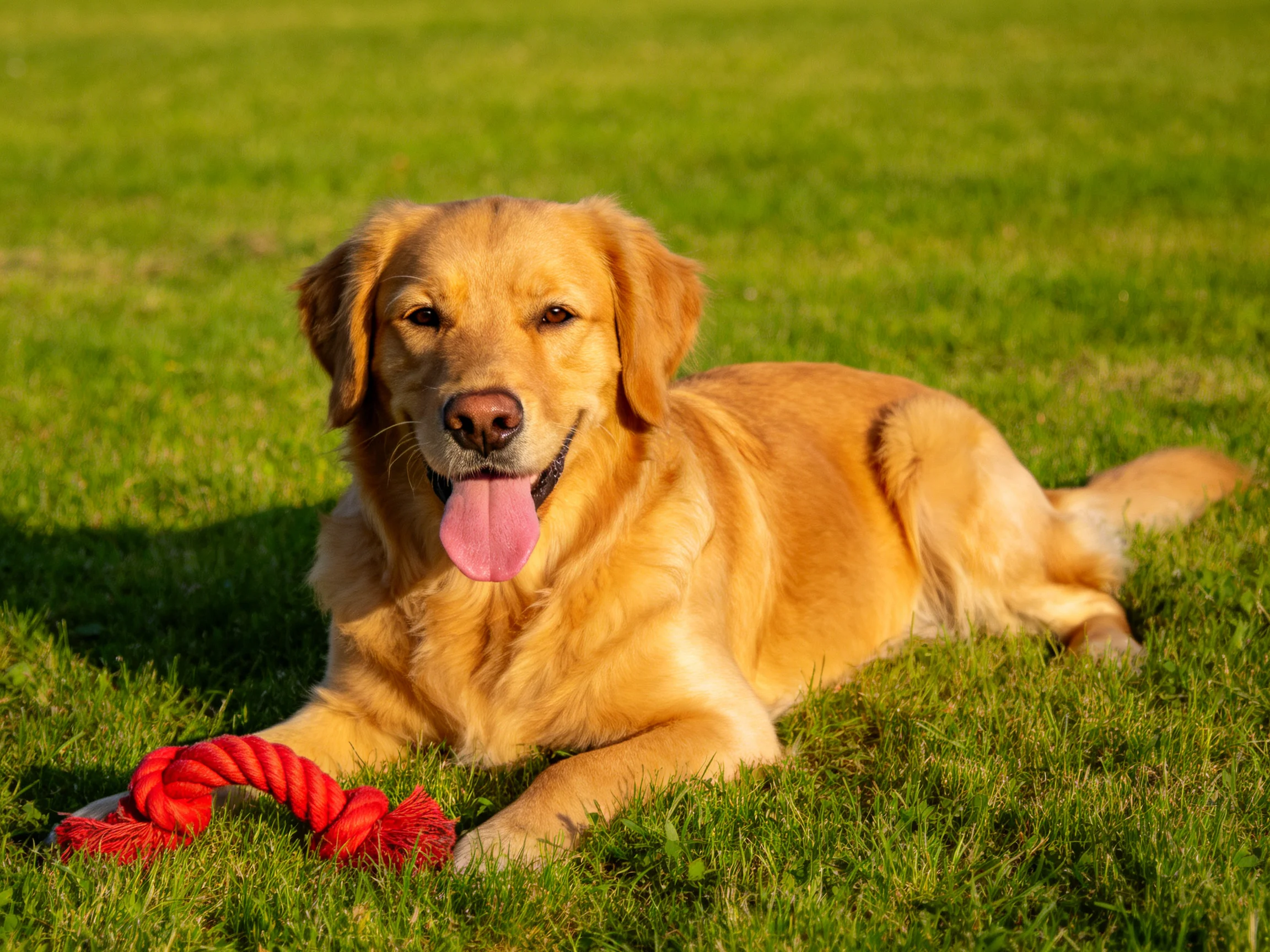 A golden retriever lies on green grass beside a red rope toy.