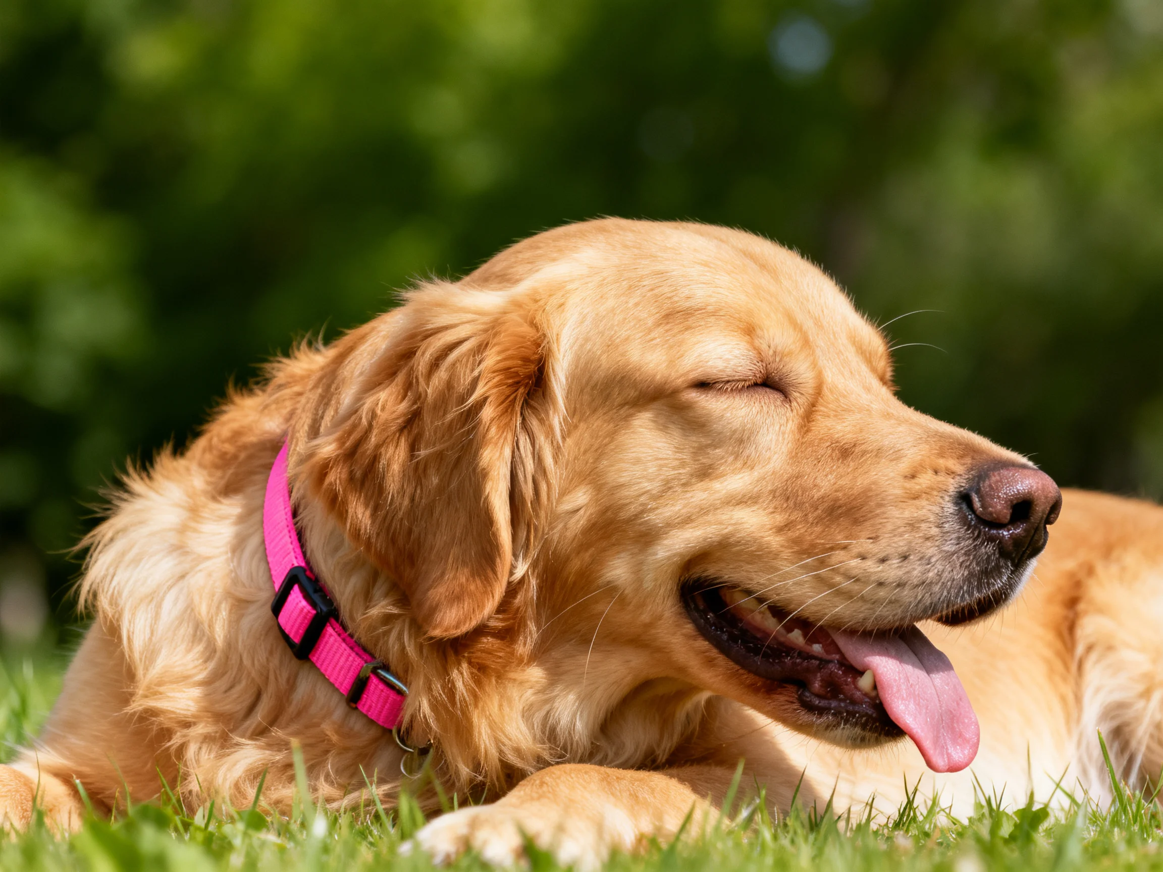 A golden retriever relaxes on grass with eyes closed and tongue out.