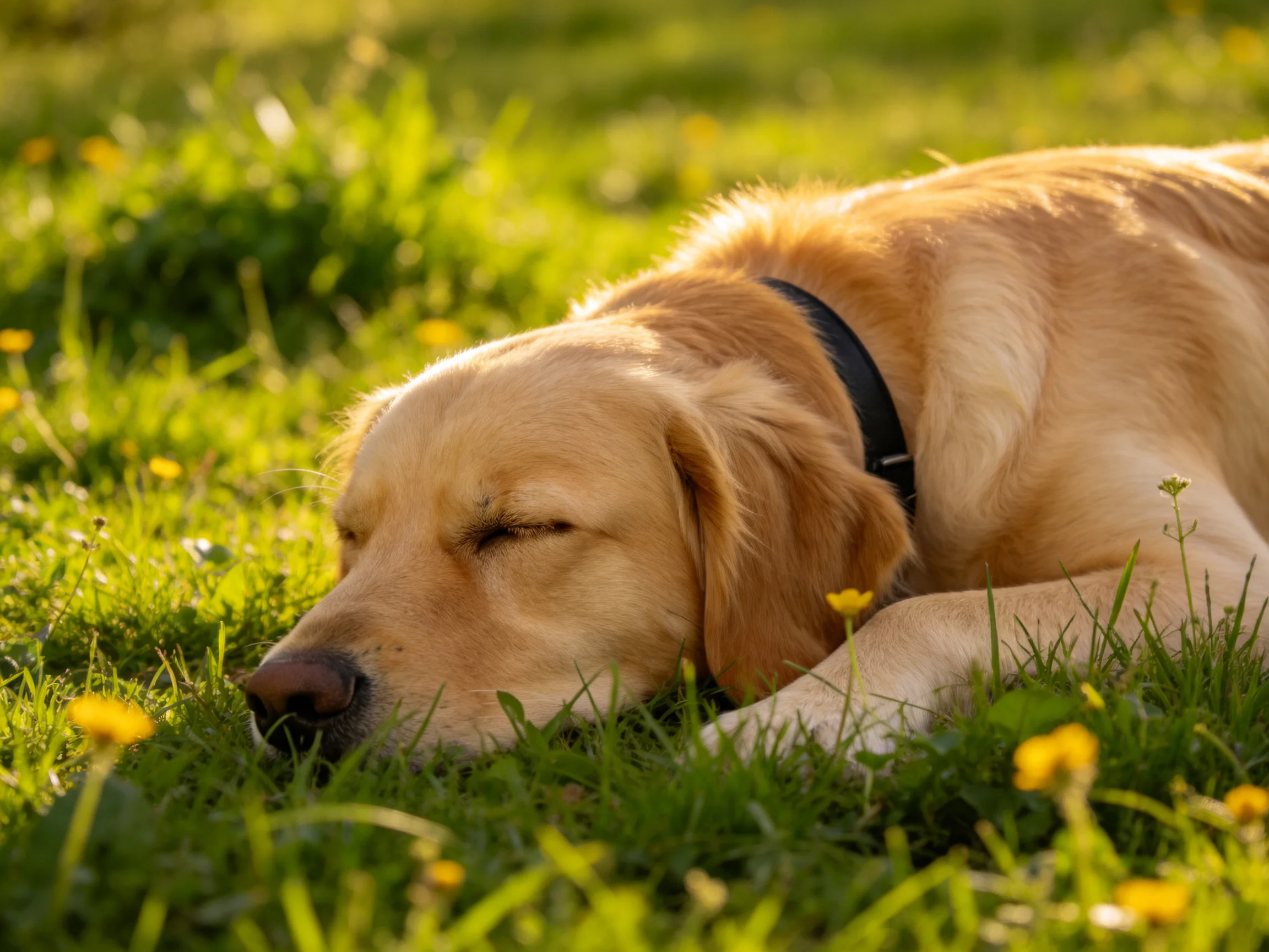 A golden retriever sleeps calmly among green grass and yellow blooms.