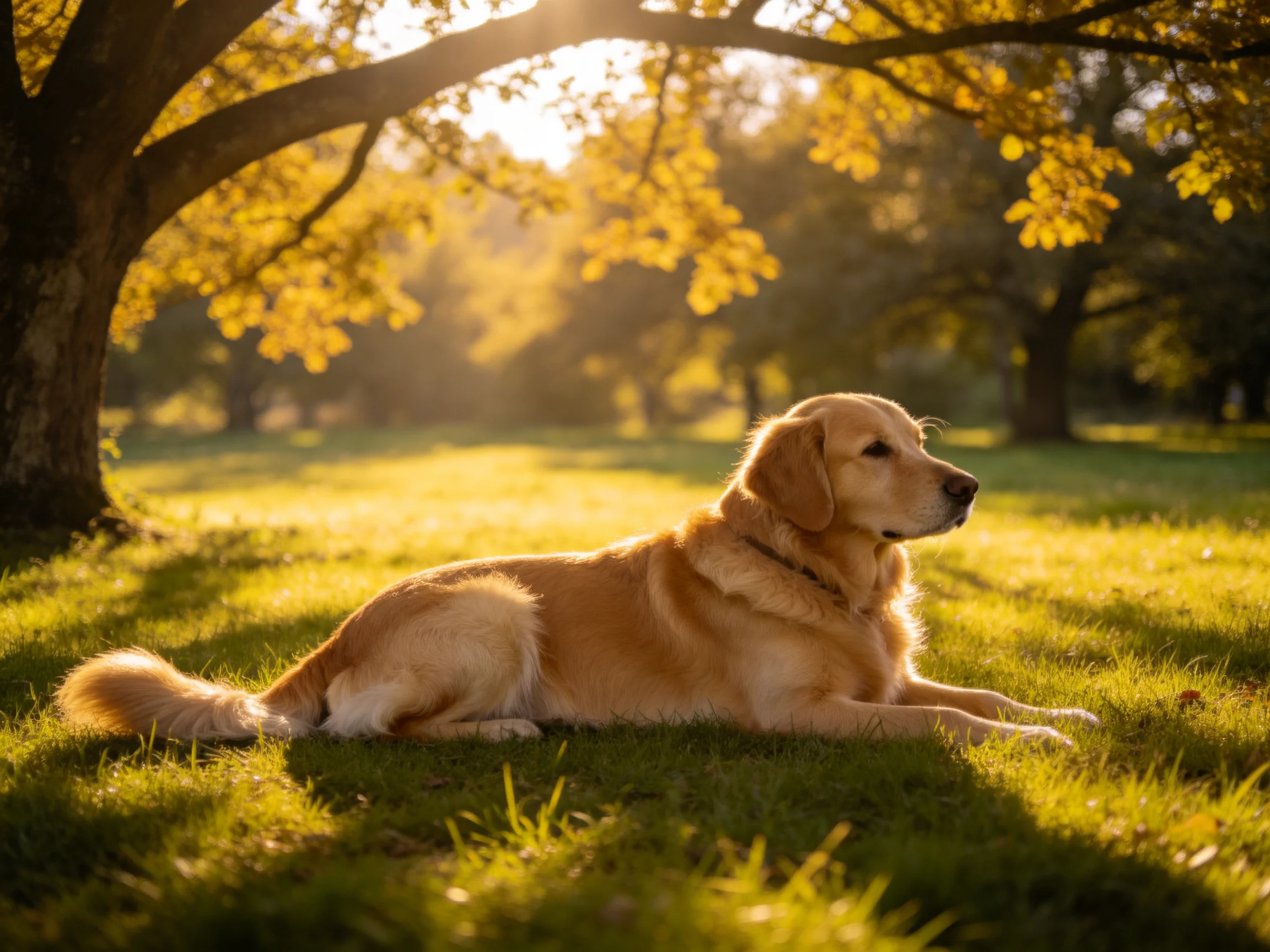 A golden retriever relaxes on green grass in a sunlit outdoor space.