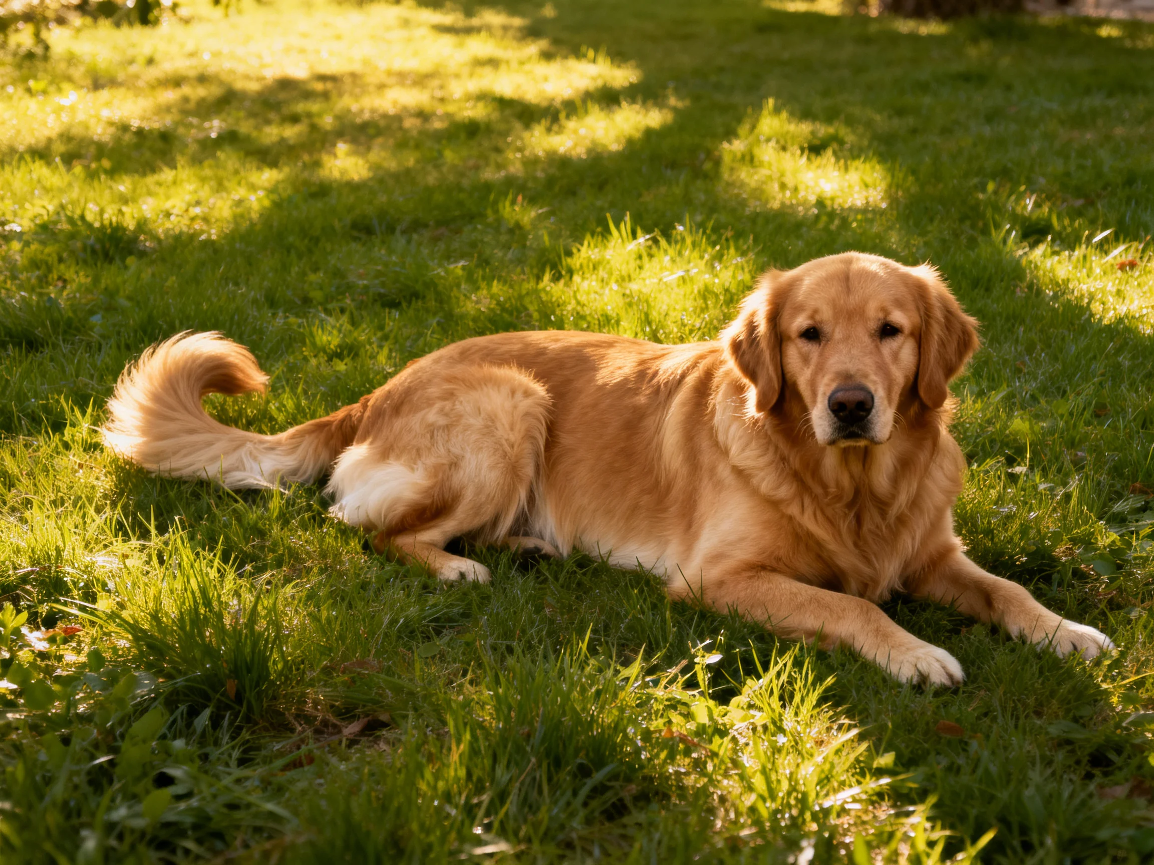 A golden retriever lies calmly on vibrant green grass in a sunlit outdoor area.