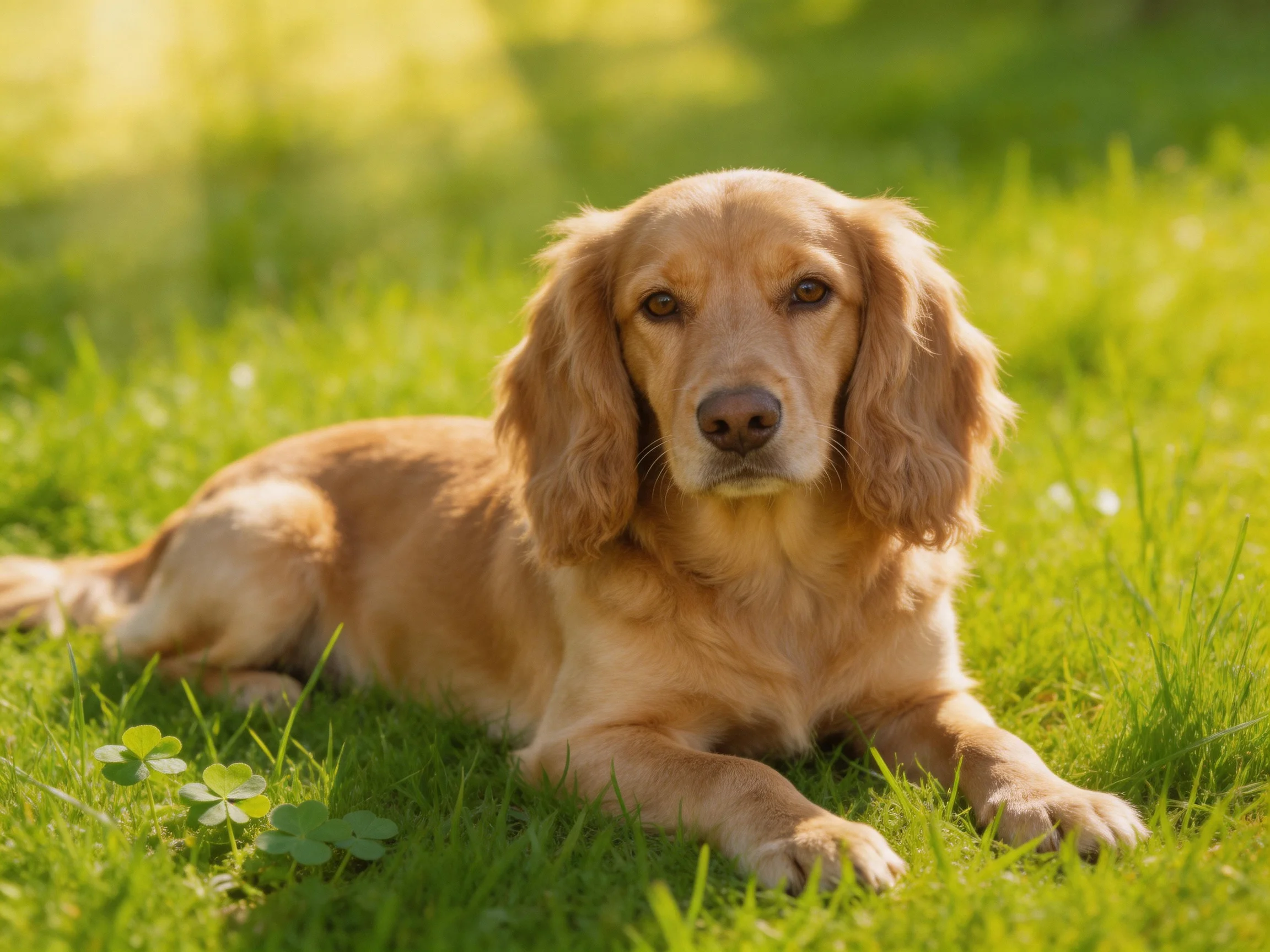 A golden retriever relaxes on green grass in a sunlit outdoor setting.