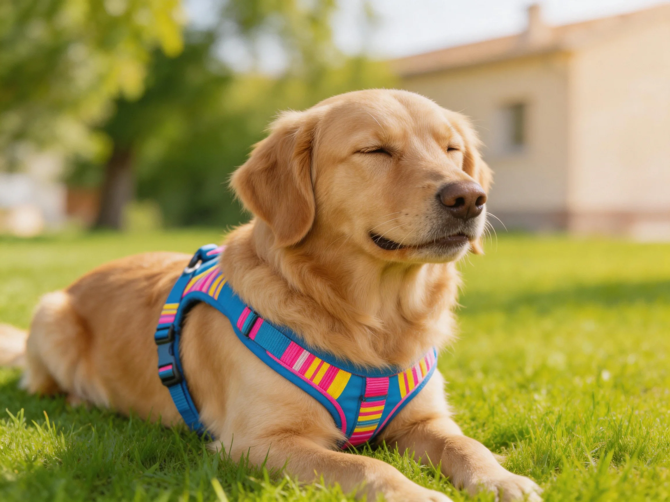 A golden retriever relaxes on grass while wearing a vibrant harness.
