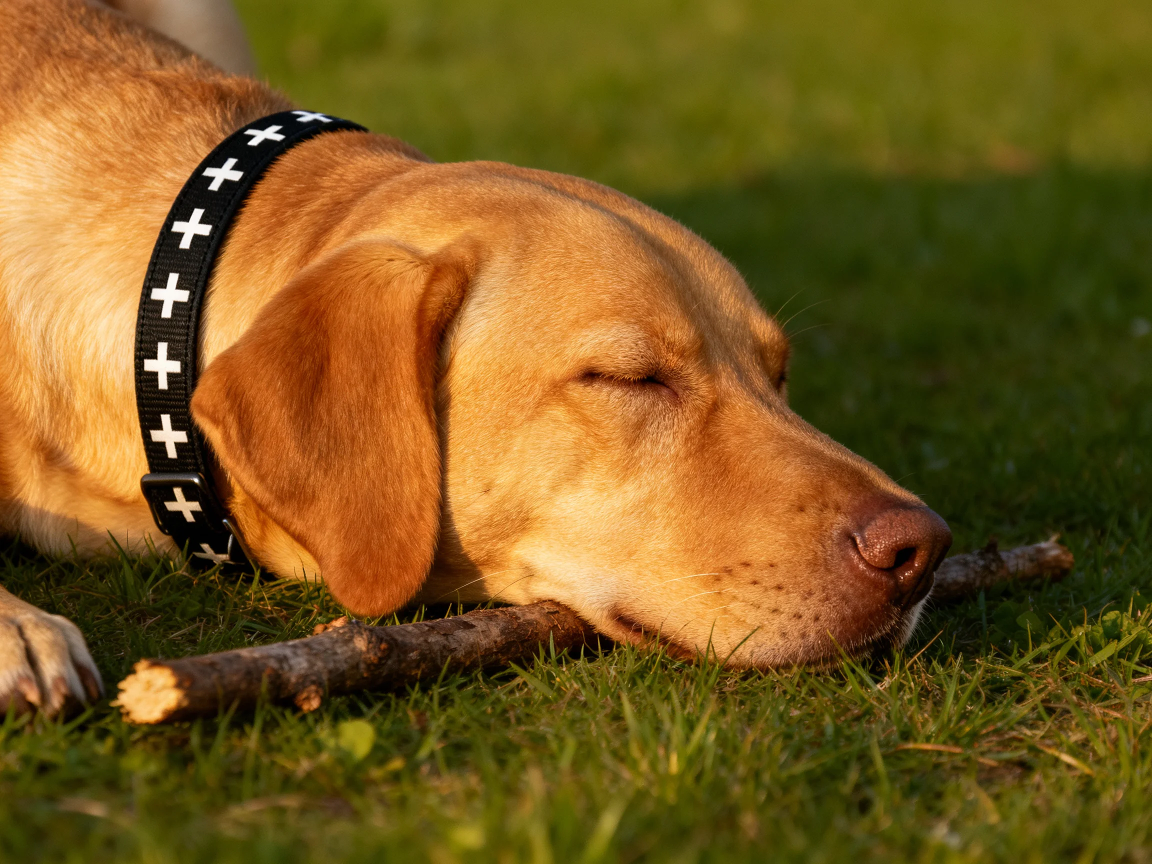 A golden retriever sleeps on grass beside a wooden stick.