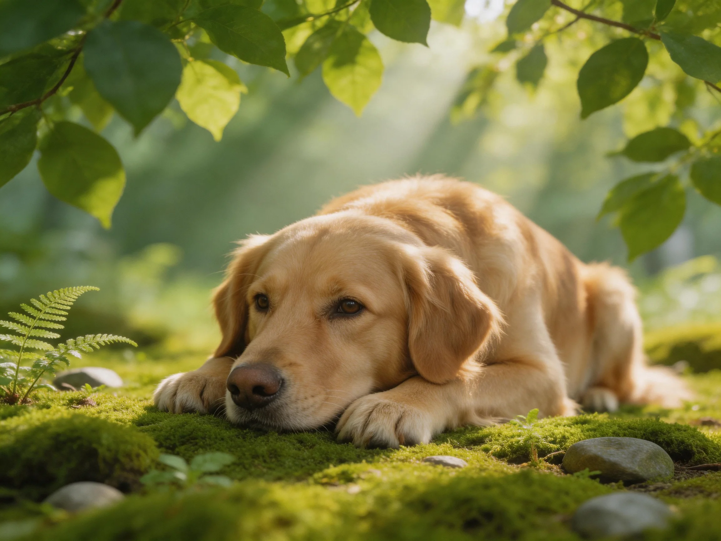 A golden retriever relaxes on moss in a sunlit, leaf-covered environment.