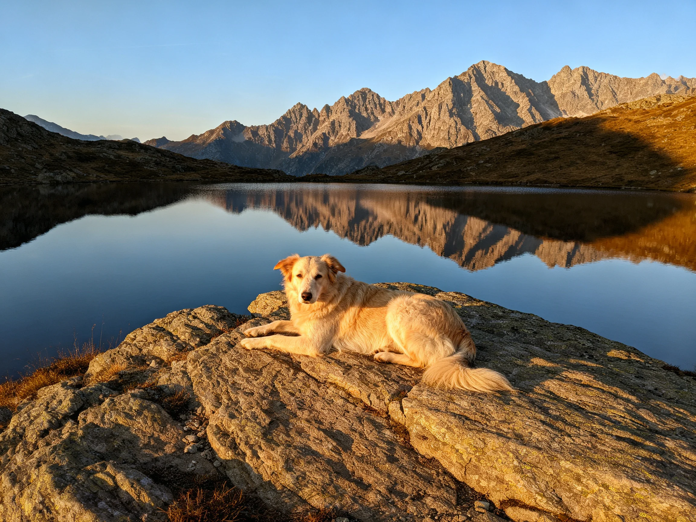 A golden retriever relaxes on rocks by a mountain lake with mirrored peaks