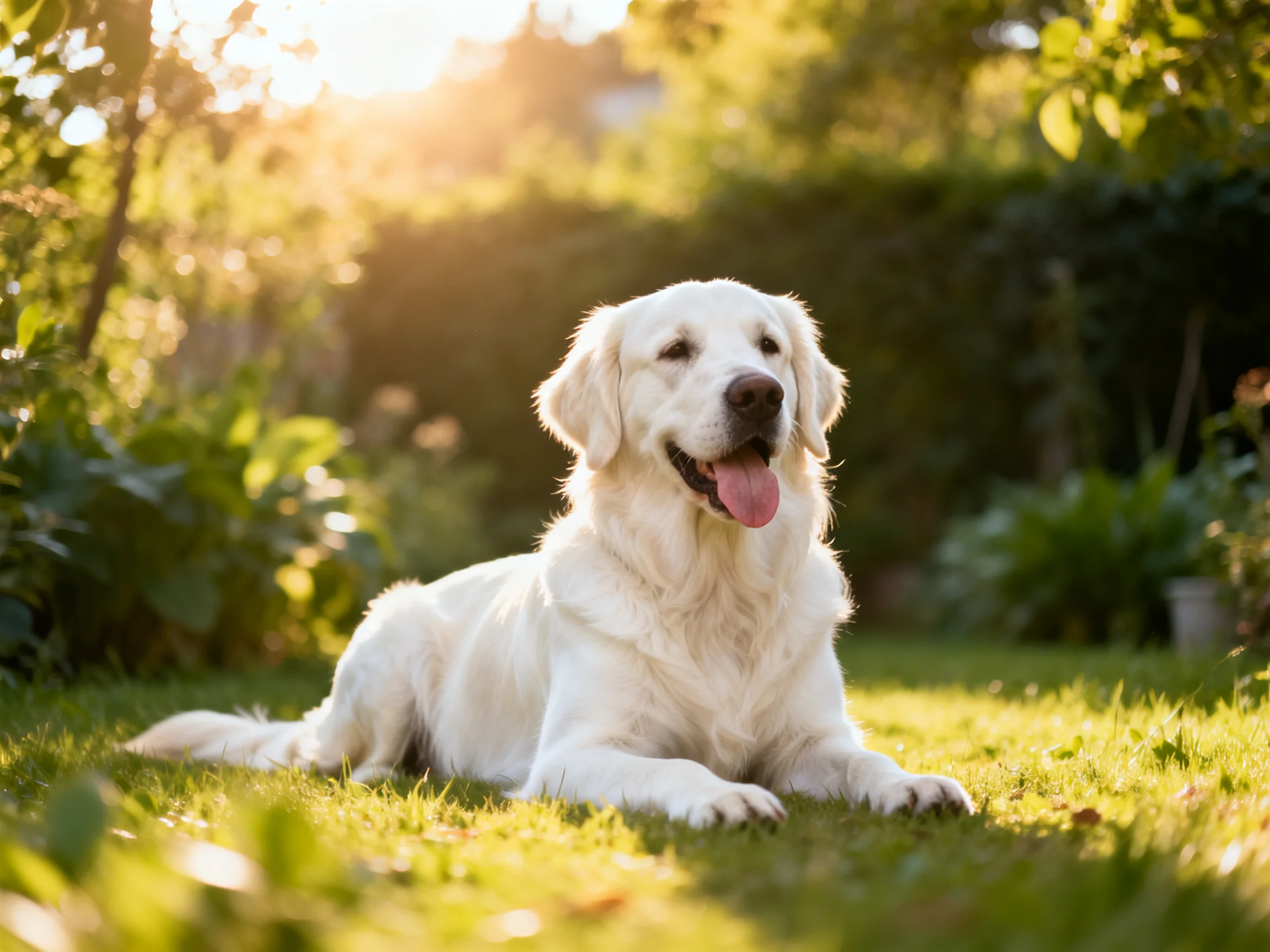 A golden retriever relaxes on grass in a sunlit garden.