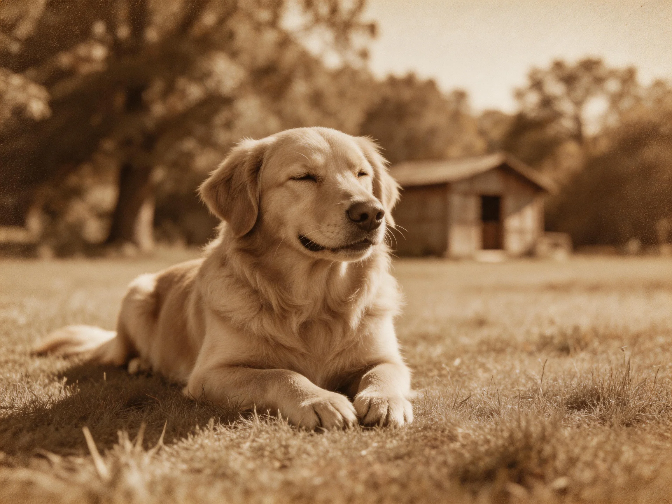 A golden retriever relaxes on grass with a wooden shed nearby.