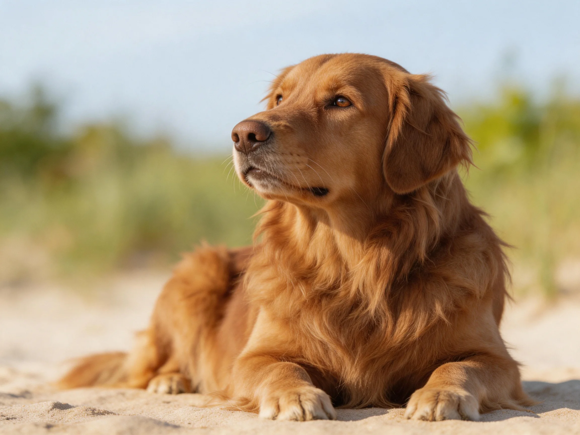A golden retriever relaxes on sand near greenery under sunny skies.