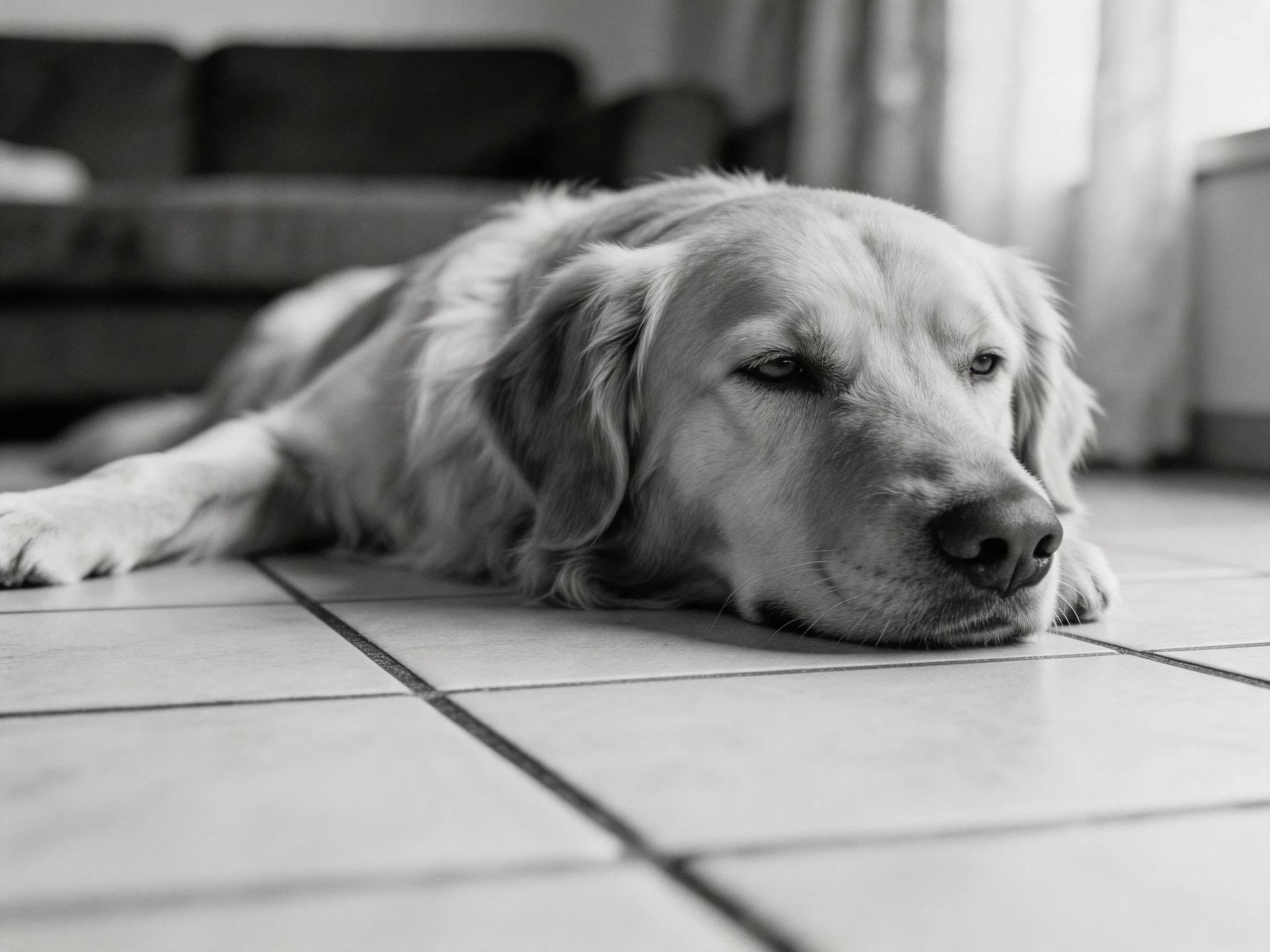 A golden retriever rests on tiled flooring in a cozy living room