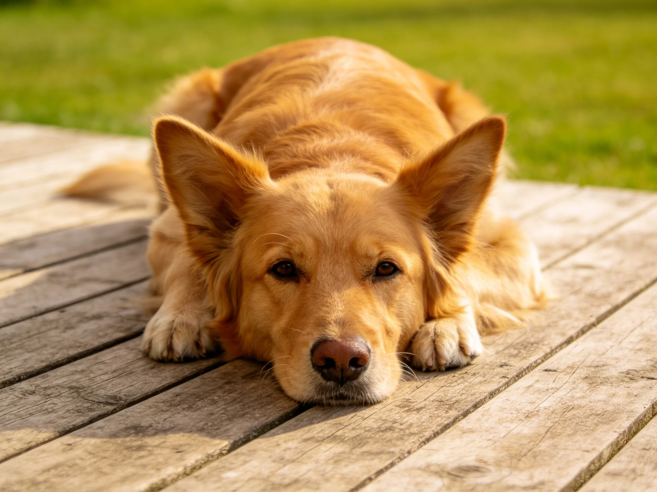 A golden retriever rests on weathered wooden planks in a sunny outdoor setting