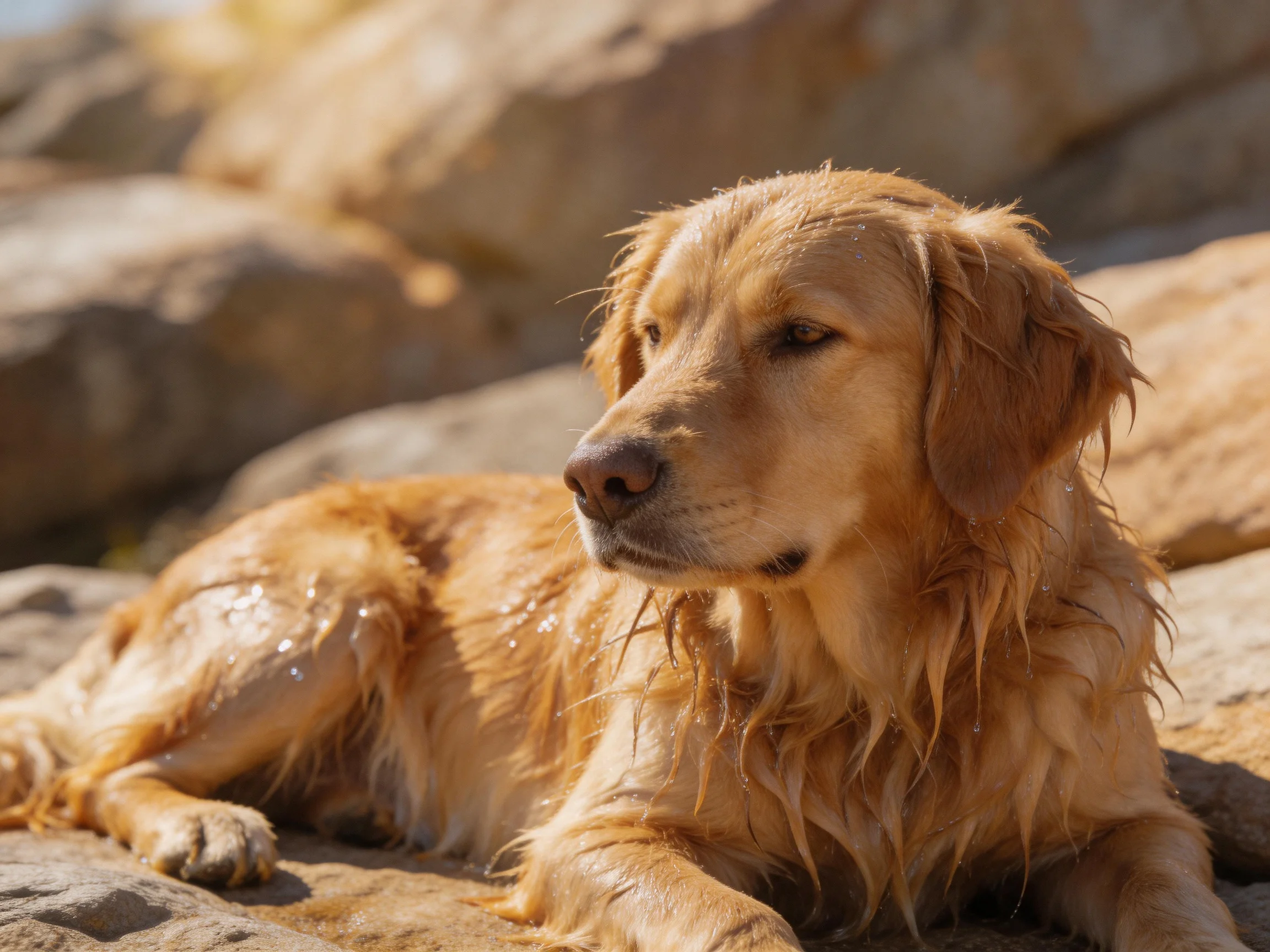 A golden retriever relaxes on wet rocks in a sunny outdoor space.