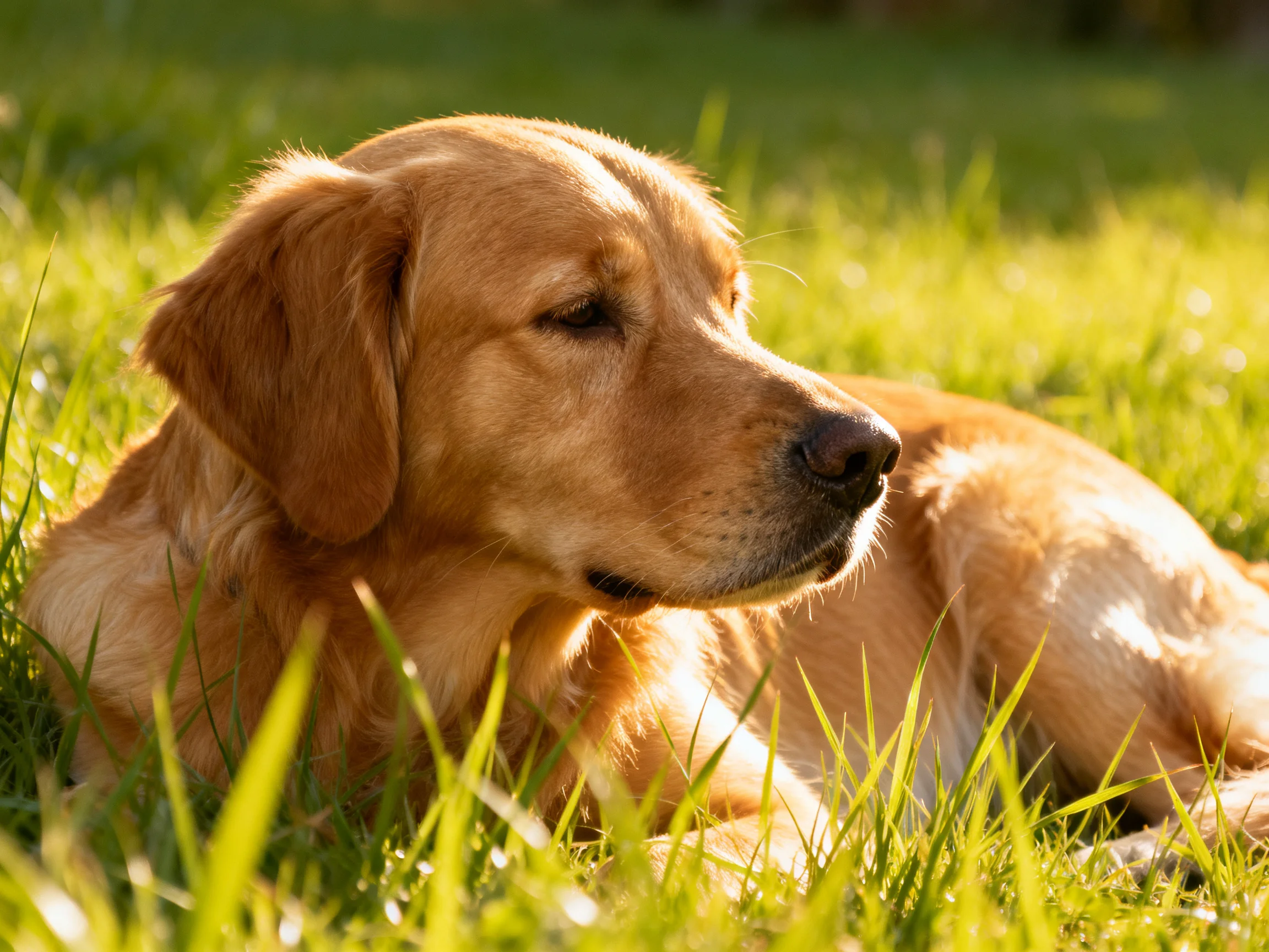A golden retriever relaxes on green grass in a sunlit outdoor setting.