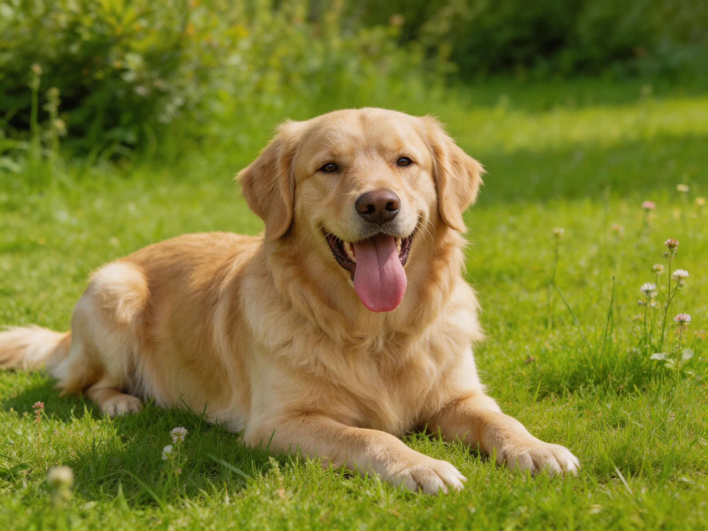 A golden retriever rests peacefully on bright green grass