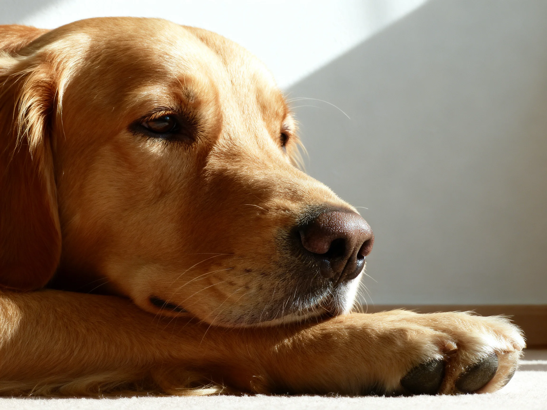 A golden retriever rests peacefully under warm sunlight with smooth fur and calm demeanor