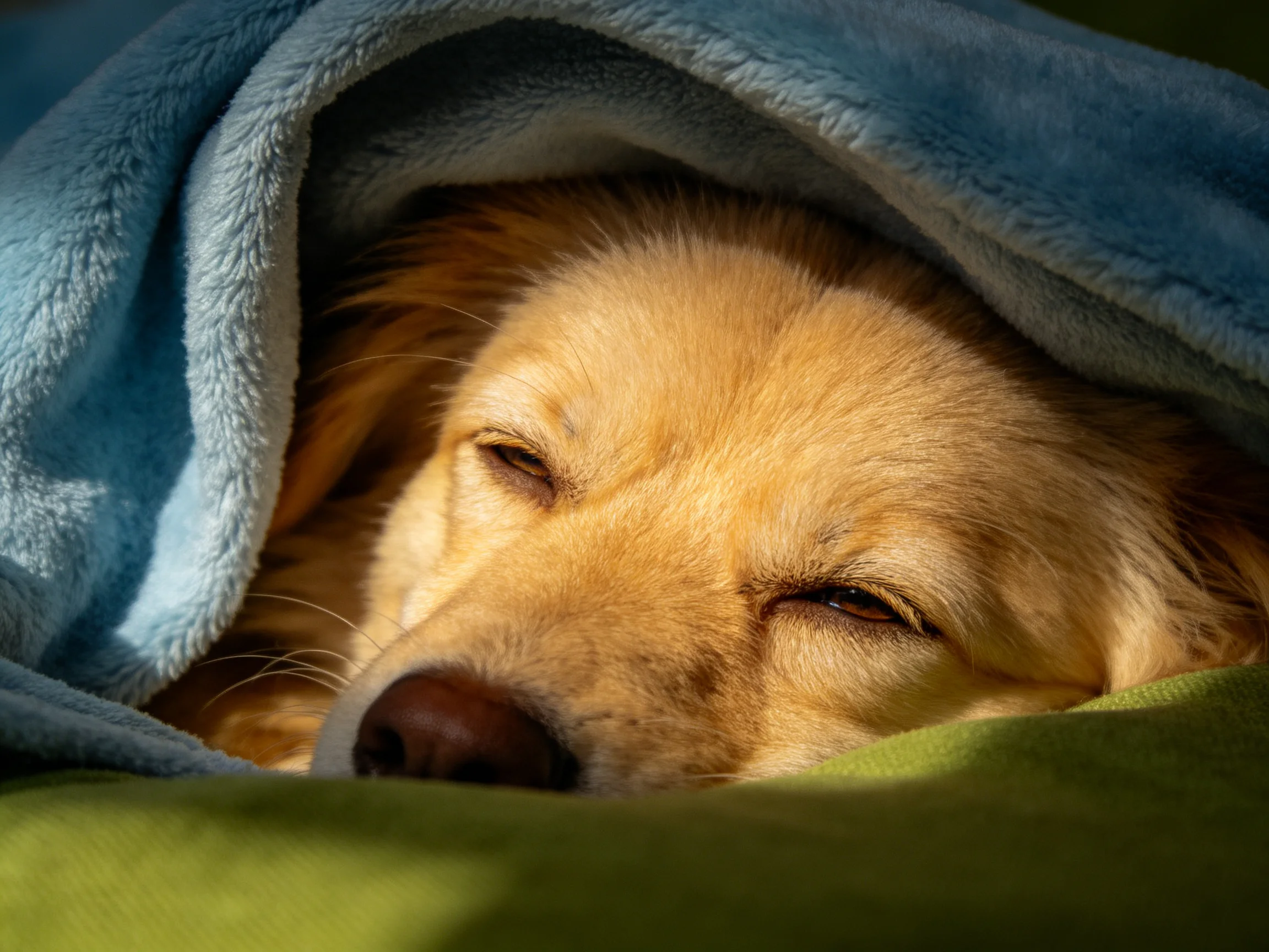A golden retriever sleeps cozily under blankets in a warm-lit space.