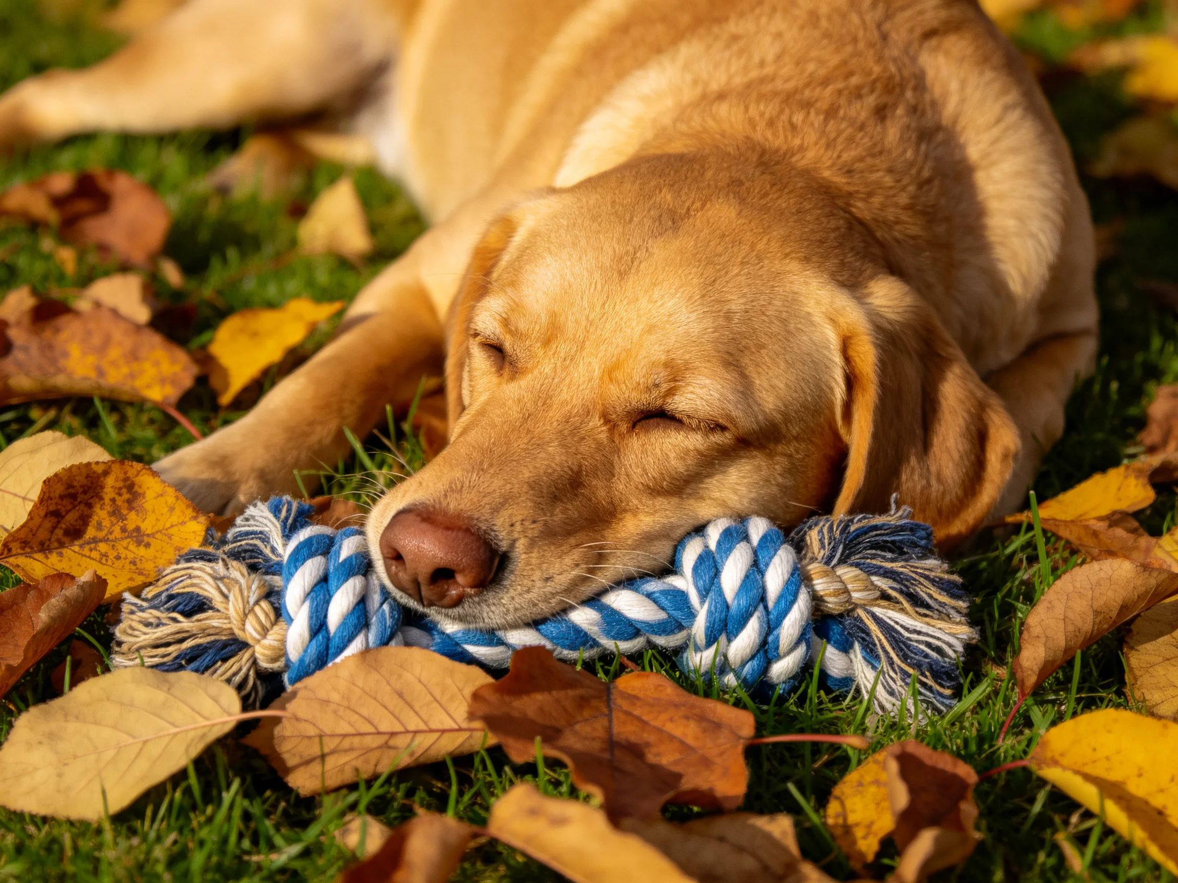 A golden retriever sleeps with a rope toy among scattered autumn leaves on grass.