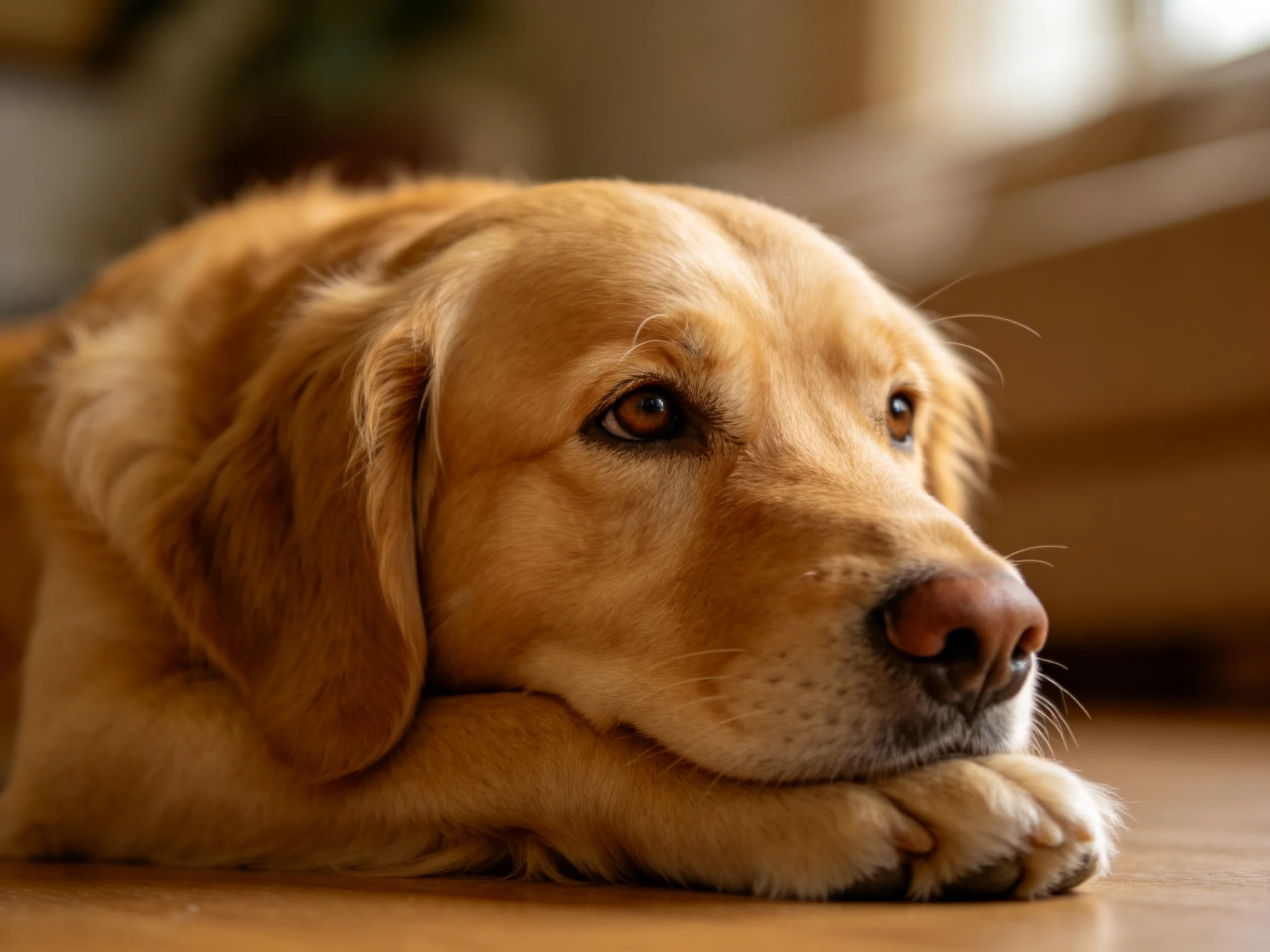 A golden retriever lies with its paws under its chin on a wooden floor indoors