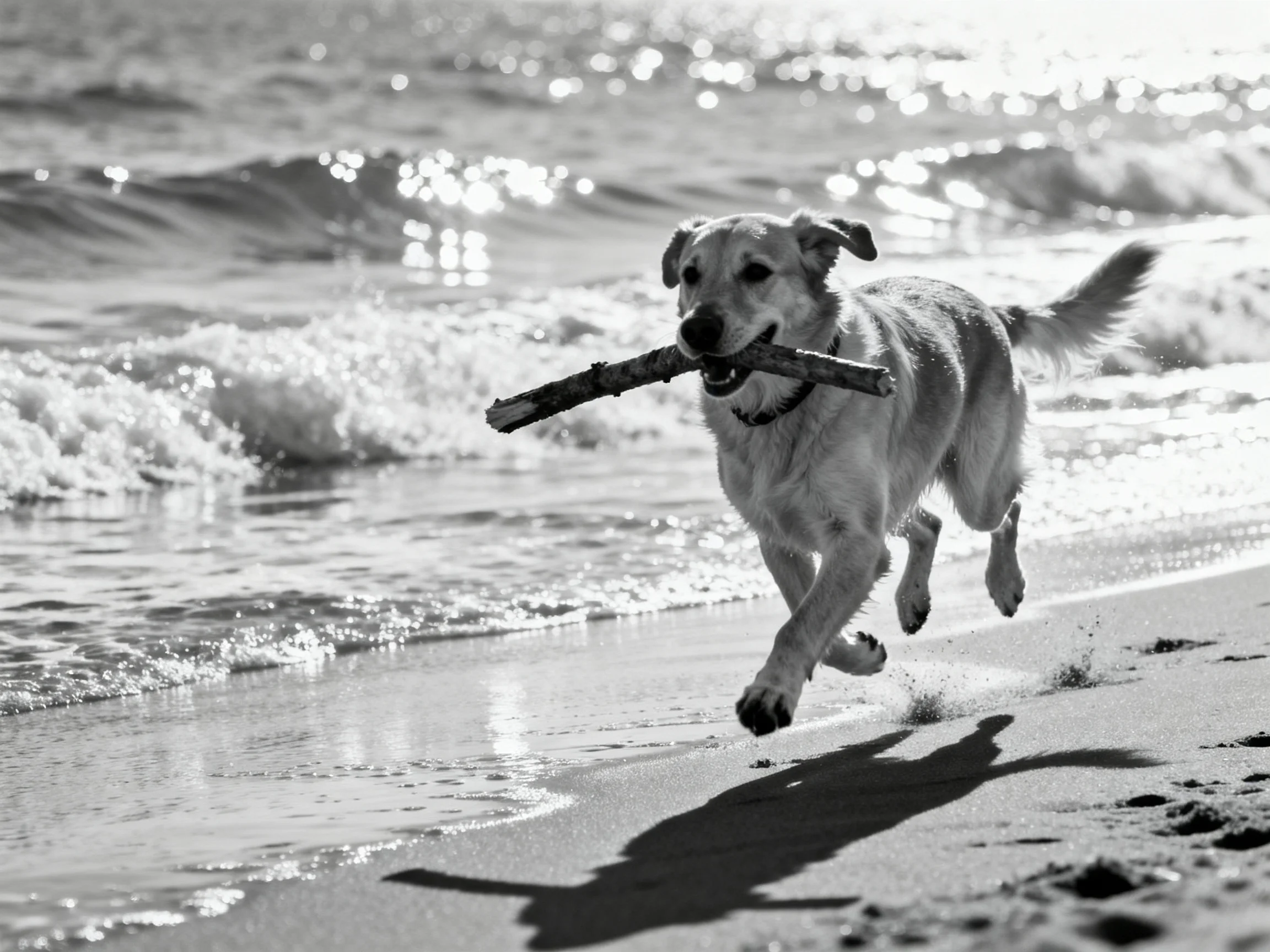 A golden retriever running along a sandy beach with a large stick