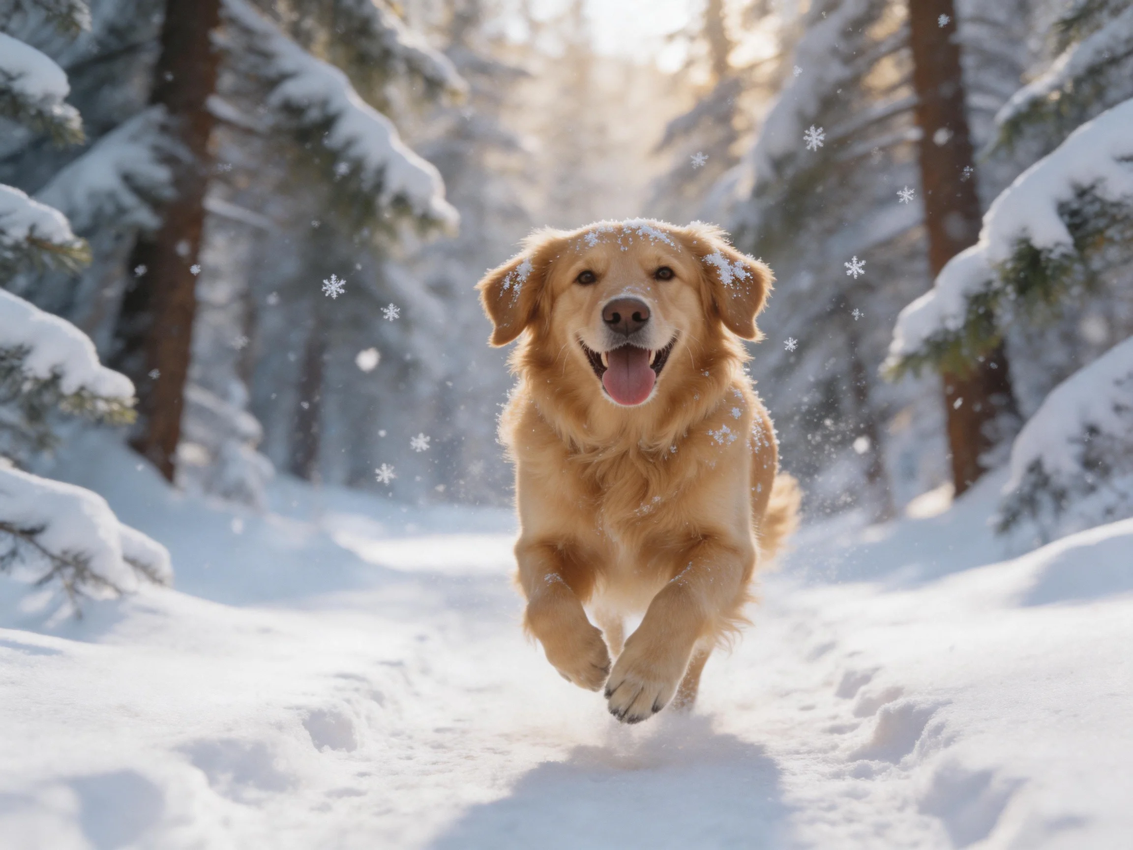 A golden retriever running joyfully through a snow-covered forest trail