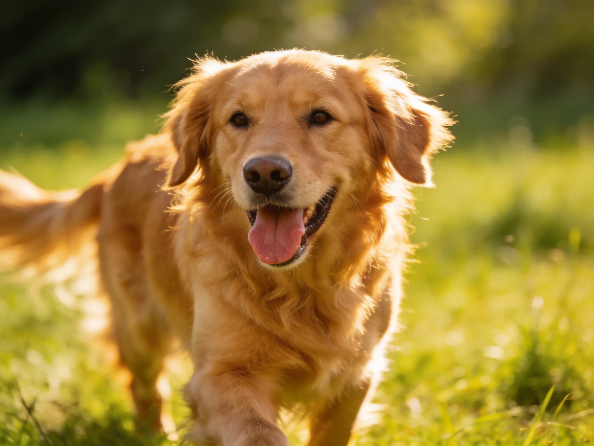 A golden retriever running joyfully through a sunlit green meadow