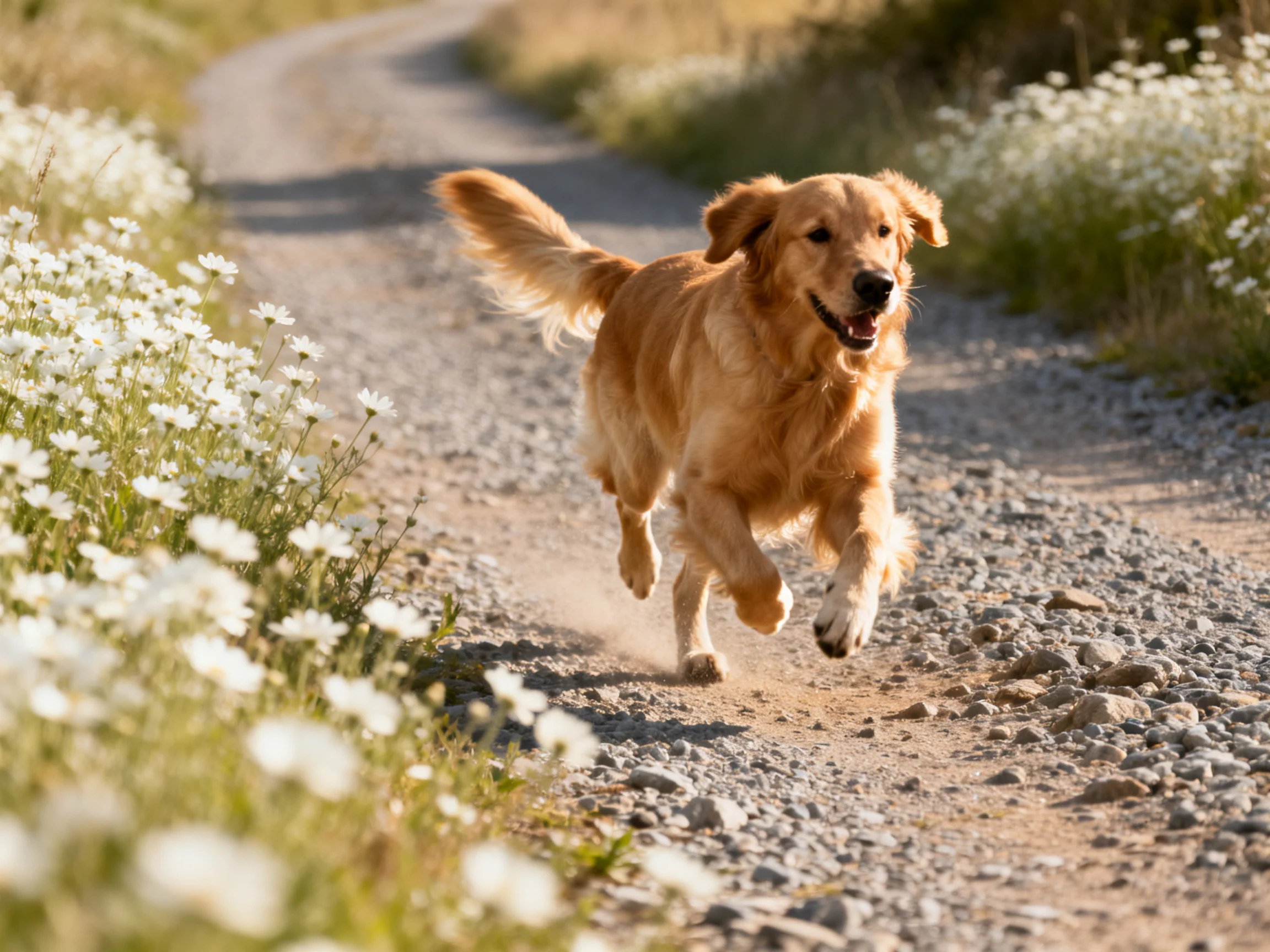A golden retriever running on a gravel path surrounded by white wildflowers