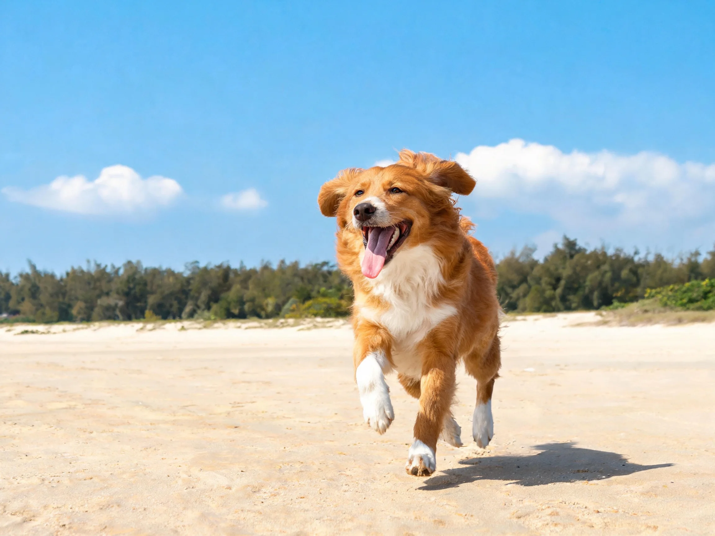 A golden retriever running on sandy beach under clear blue sky