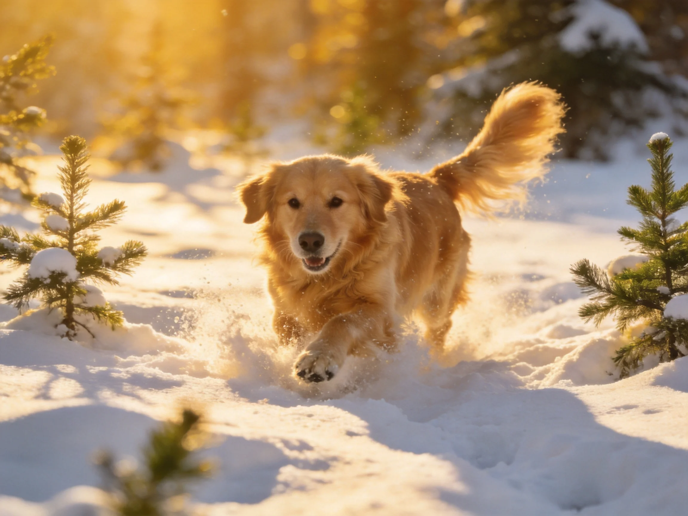 A golden retriever running through a sunlit snowy forest