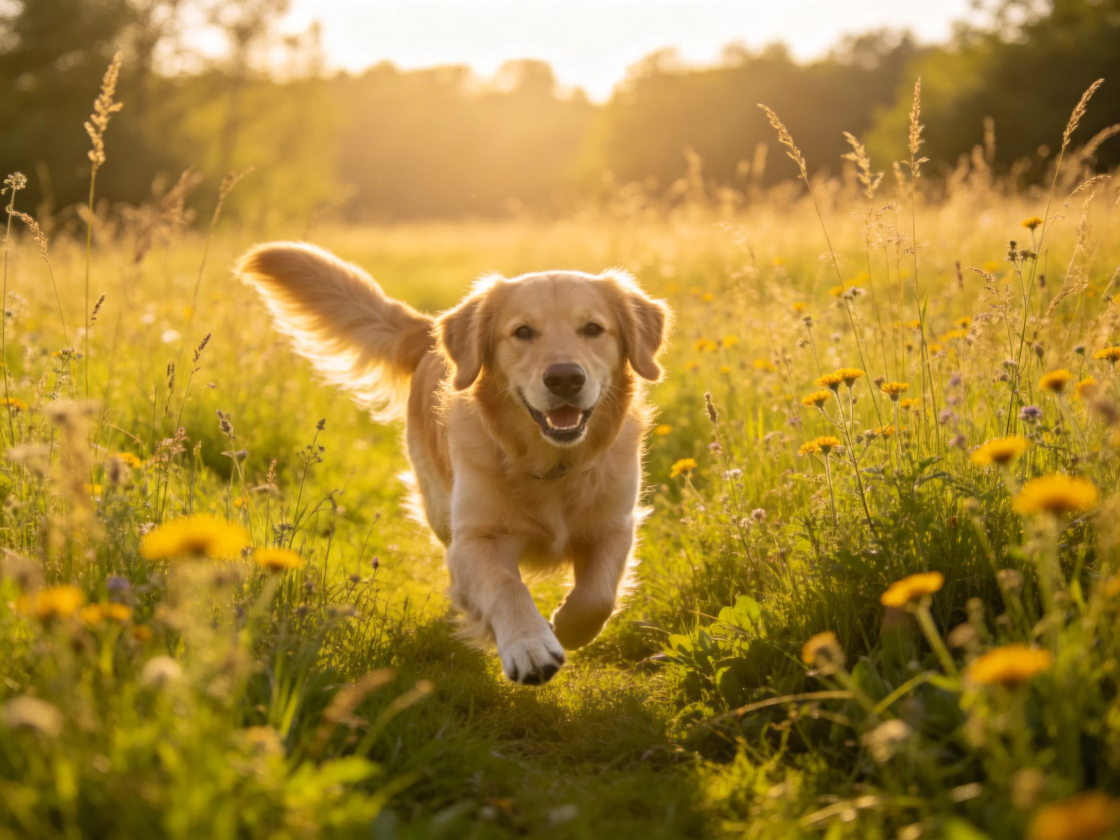 A golden retriever running through a sunlit wildflower meadow