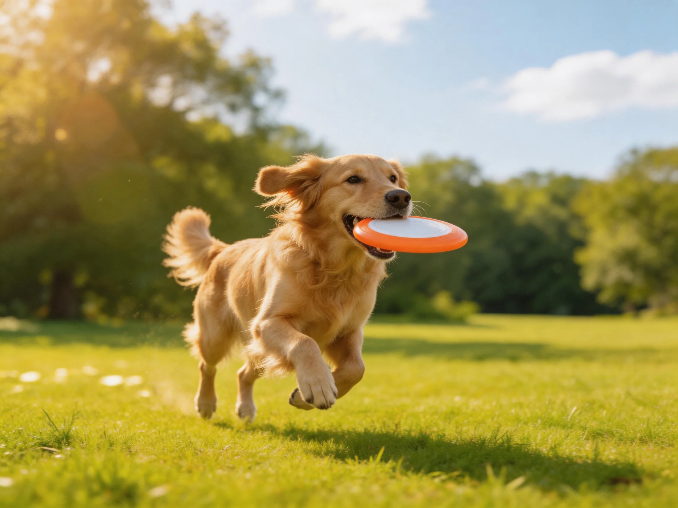 A golden retriever running with an orange frisbee in a sunny park