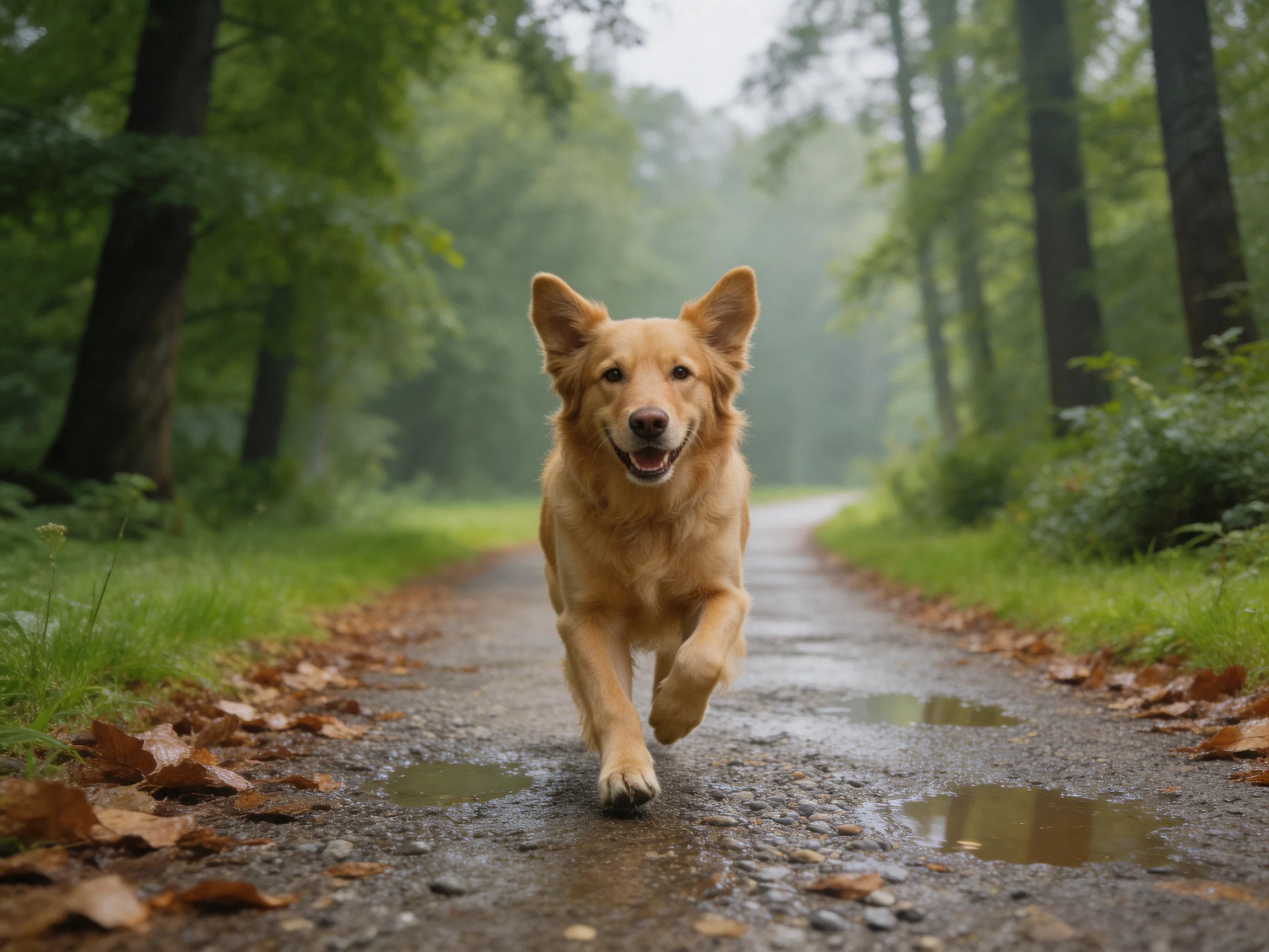 A golden retriever runs joyfully on a damp forest path