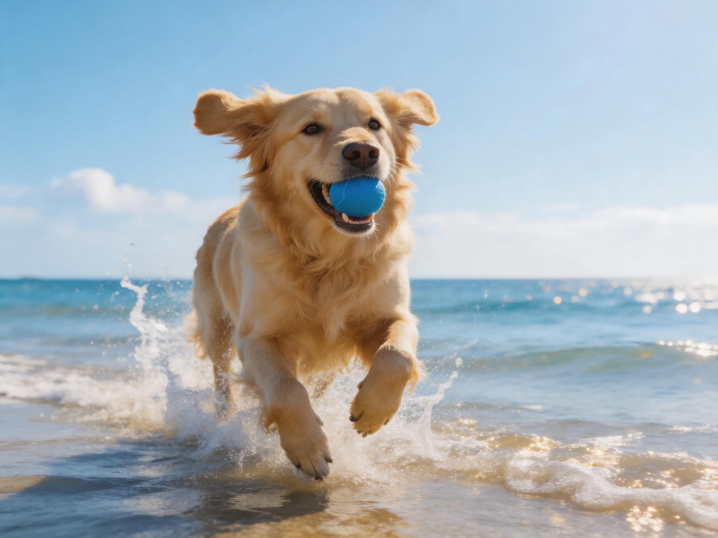 A golden retriever runs through shallow ocean water carrying a blue ball.