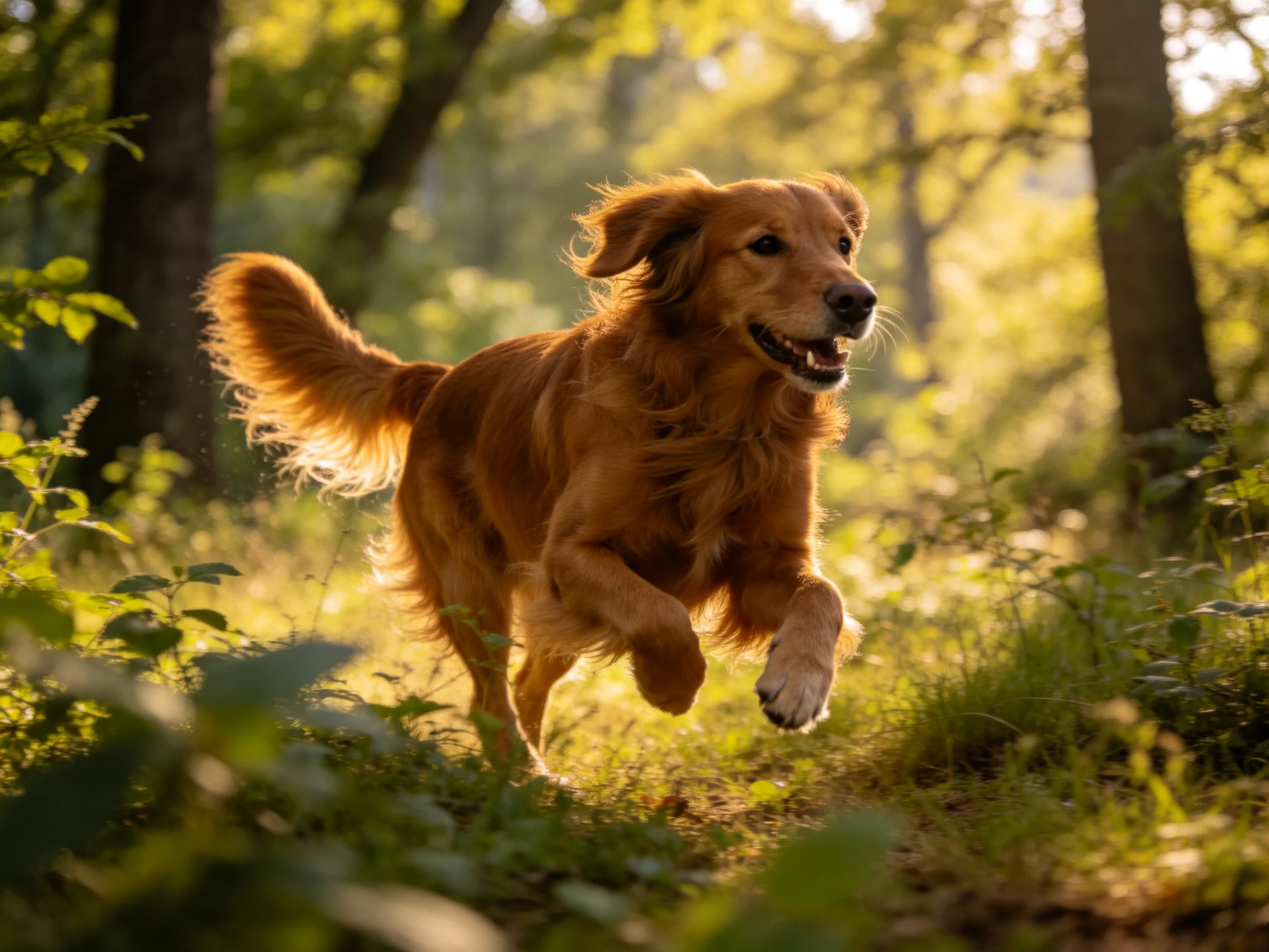 A golden retriever dashes along a sun-dappled forest path.