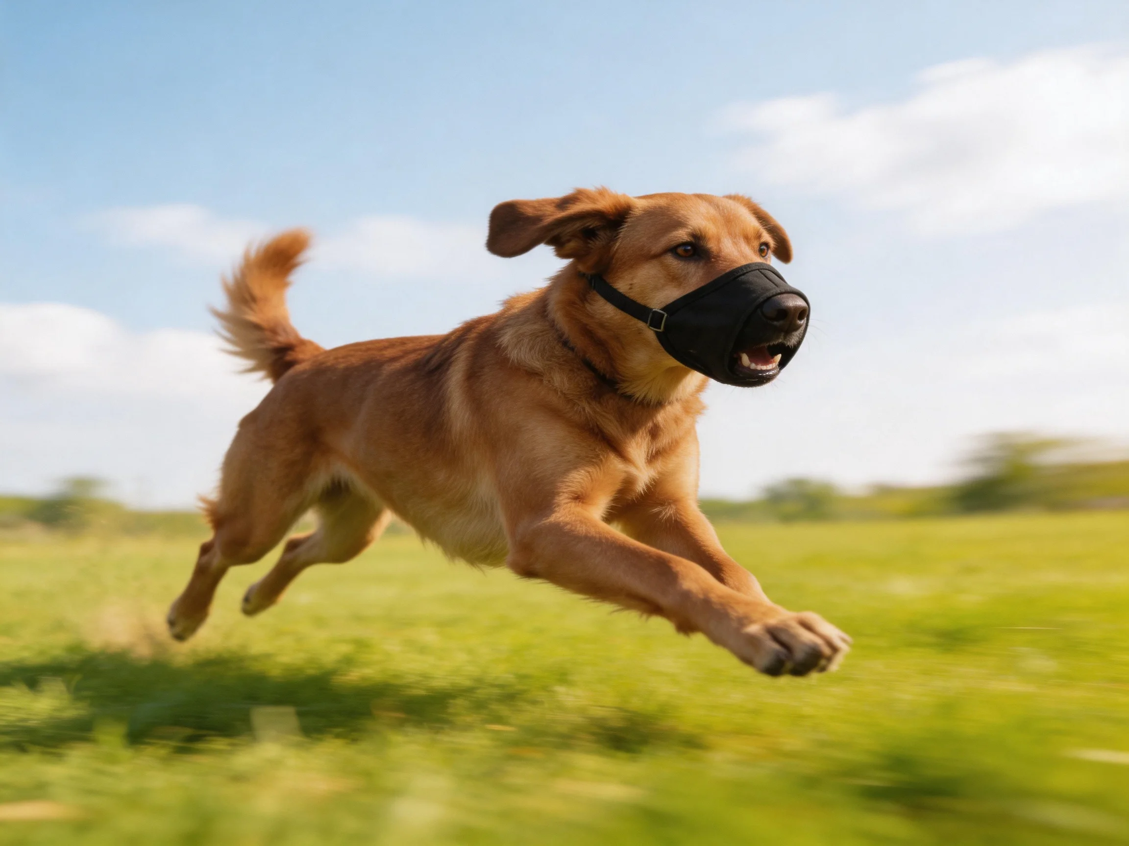 A golden retriever with a black muzzle runs across a green field.