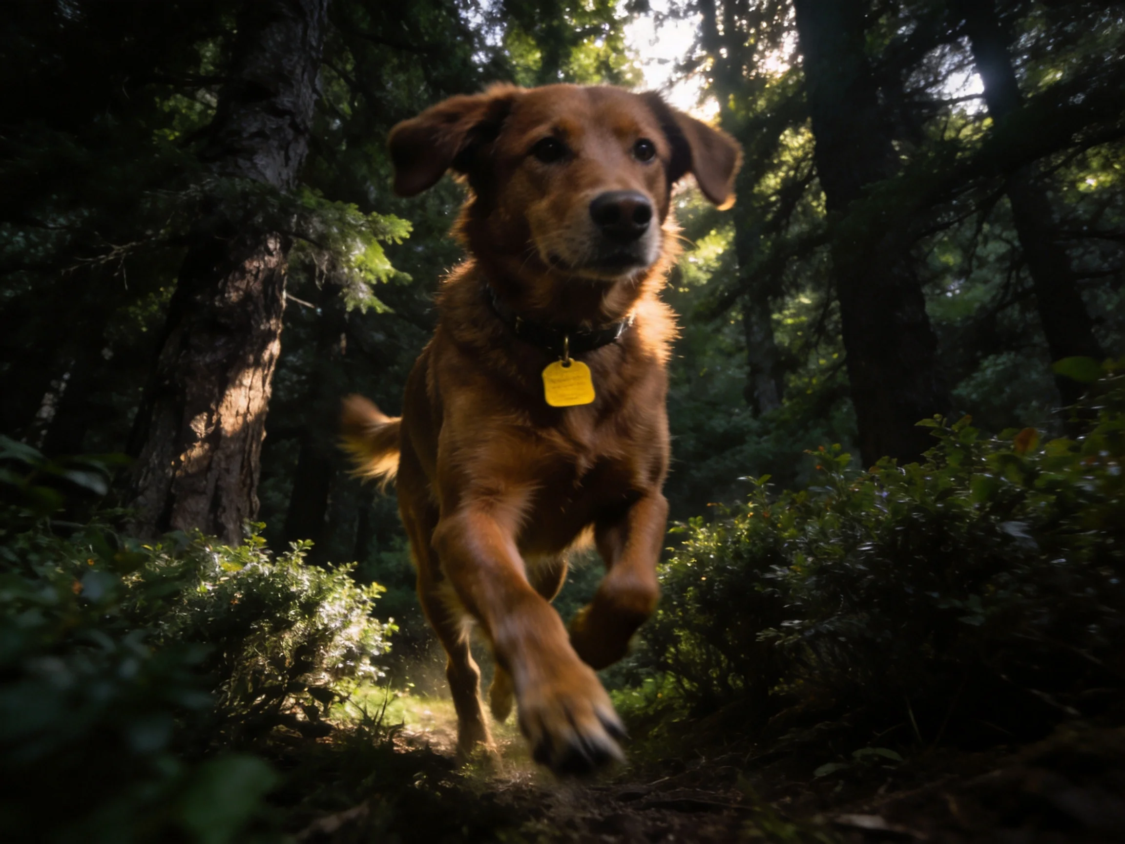 A golden retriever runs through a sun-dappled forest trail